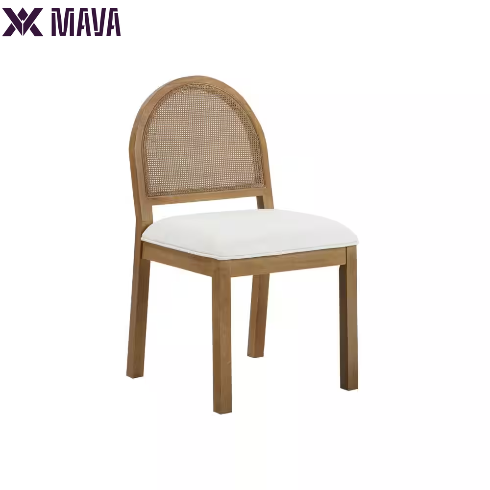 MAVA 19 In. Light Brown Natural Woven Rattan Back and Solid Wood, Legs Dining Chair with Padded Seat