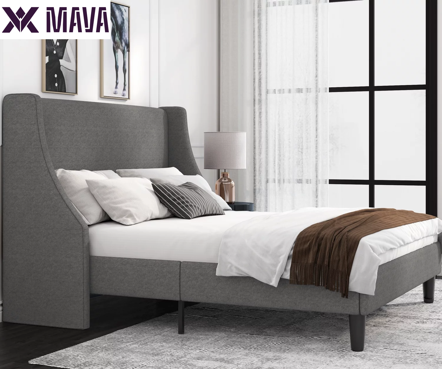 MAVA Queen Size Fabric Upholstered Platform Bed Frame with Wingback Headboard, Light Grey