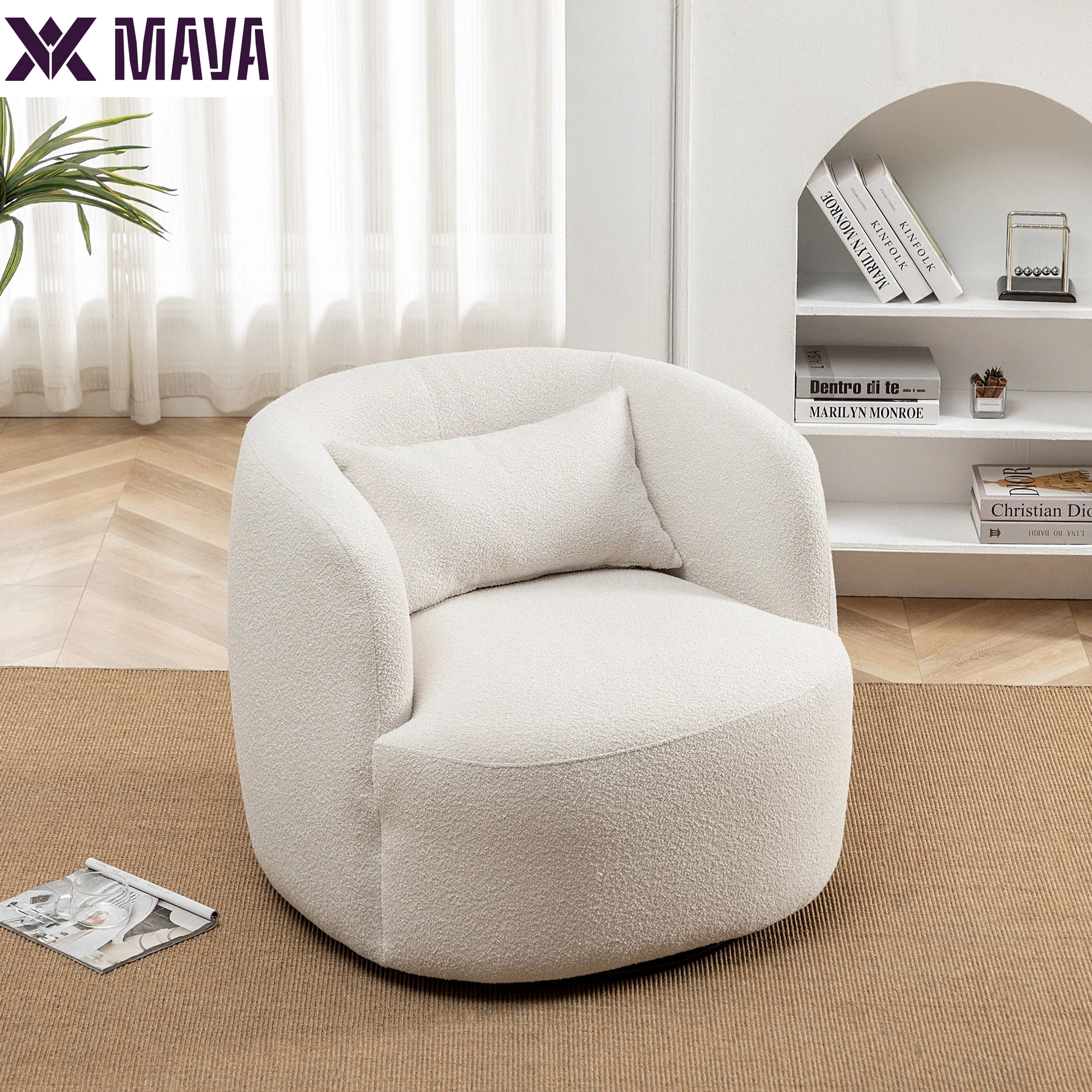 MAVA Beige Modern Boucle Upholstered 360° Swivel Accent Armchair