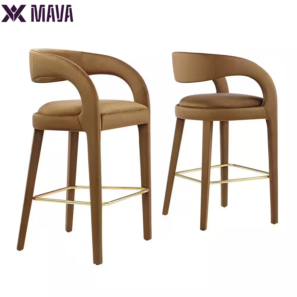 MAVA 30 In. in Brown Gold Rubber Wood Performance Velvet Bar Stool Set of 2