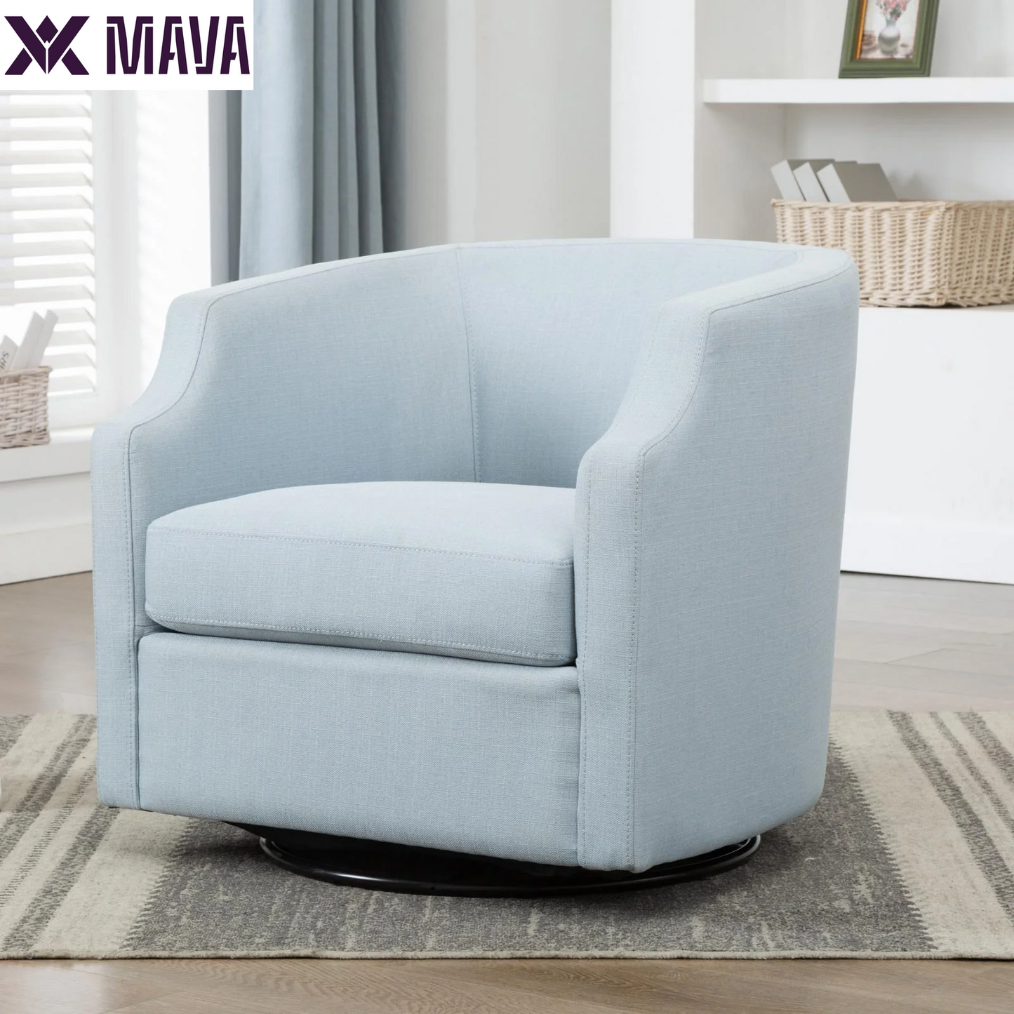 MAVA White Linen Fabric Upholstered Modern Swivel and Rocker Barrel Chair