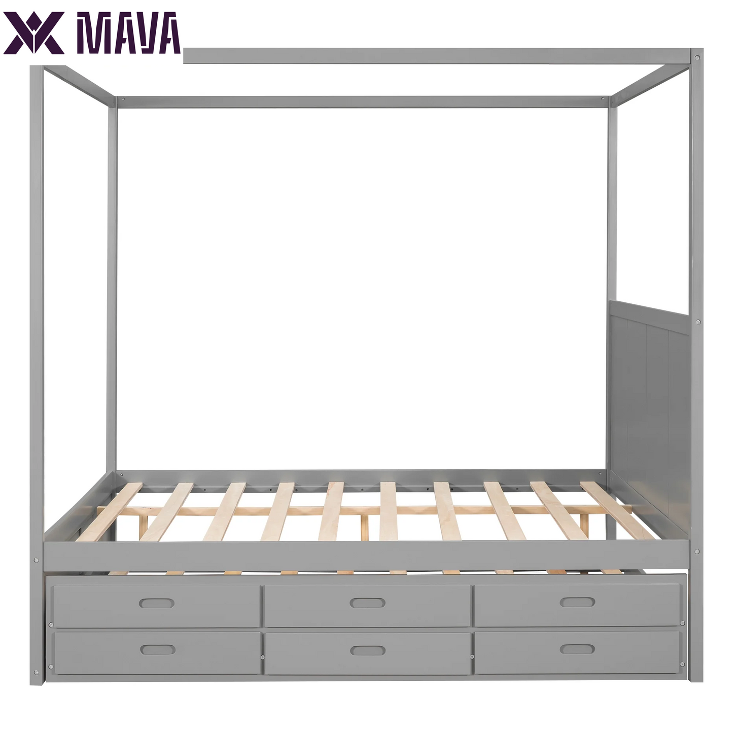 MAVA Queen Size Canopy Platform Bed with Trundle Bed and Drawers, Solid Wood Canopy Bed Frame with 3 Storage Drawers, Gray