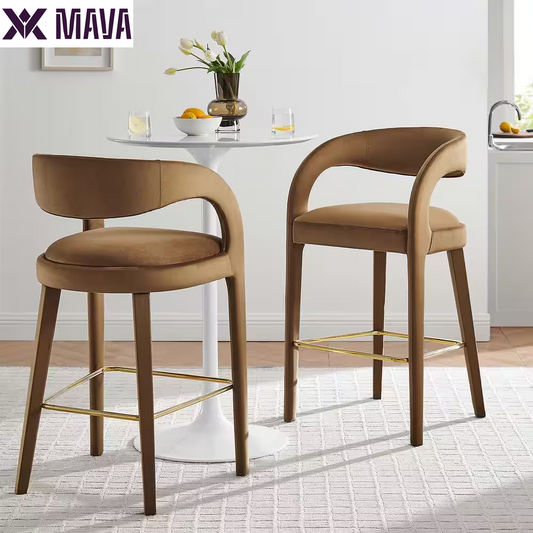 MAVA 30 In. in Brown Gold Rubber Wood Performance Velvet Bar Stool Set of 2