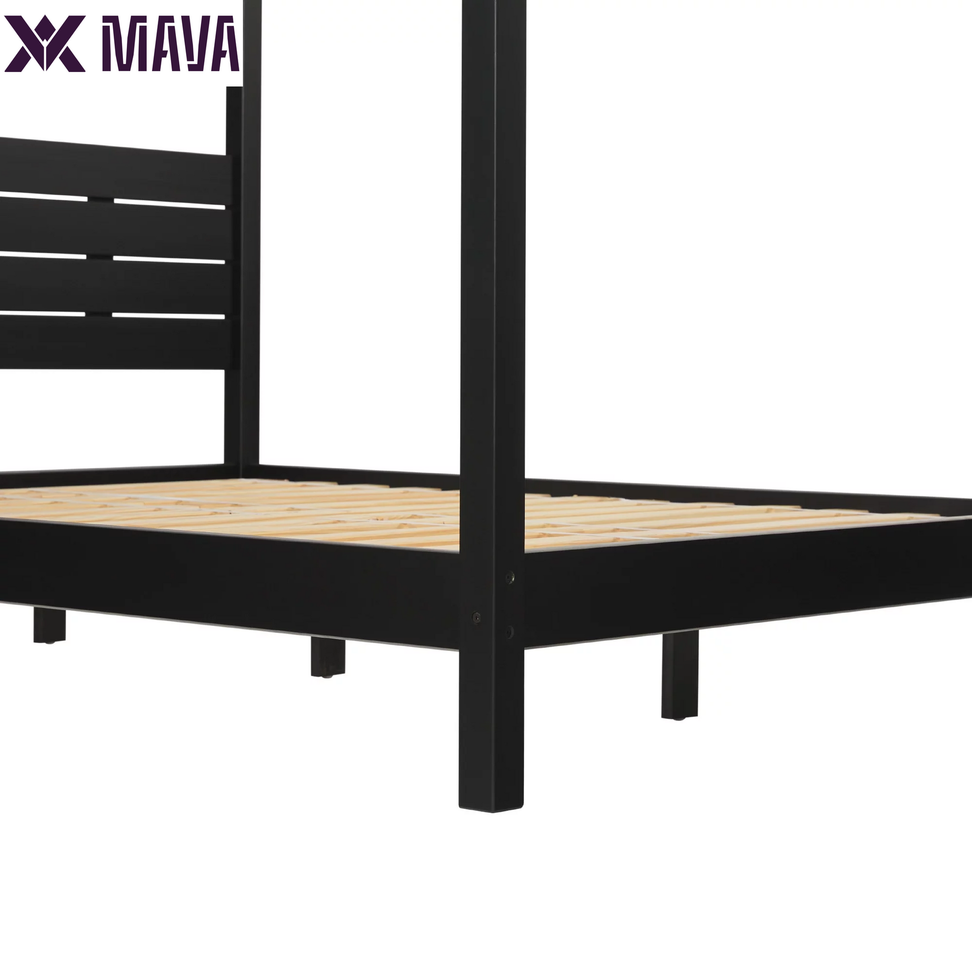 MAVA Minimalist Slatted Wood Queen Canopy Bedframe, Black