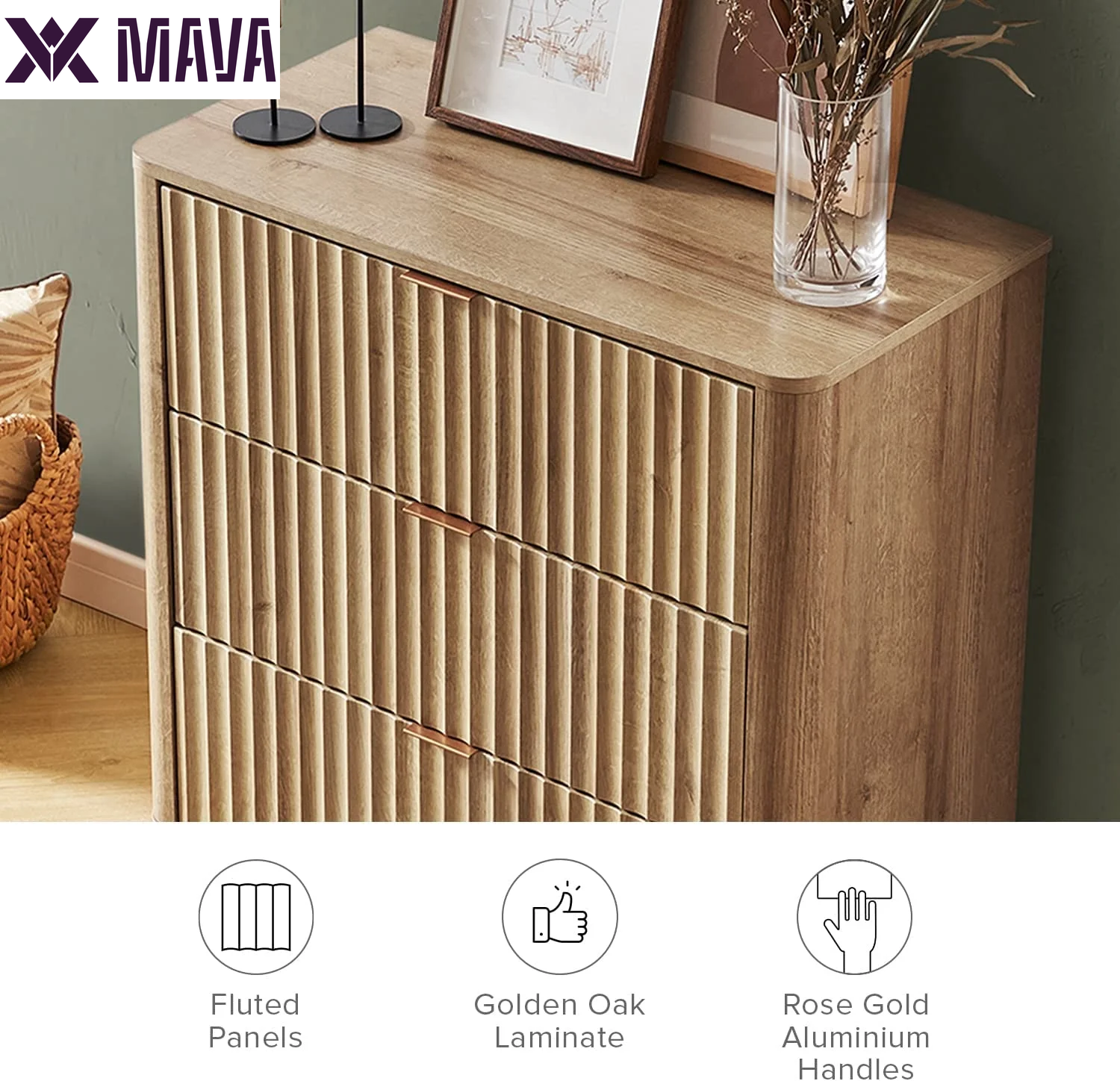 MAVA Mid-Century Modern Dresser / Credenza, Waveform Panel, 3 Drawers, Anti-Tipping (Oak)