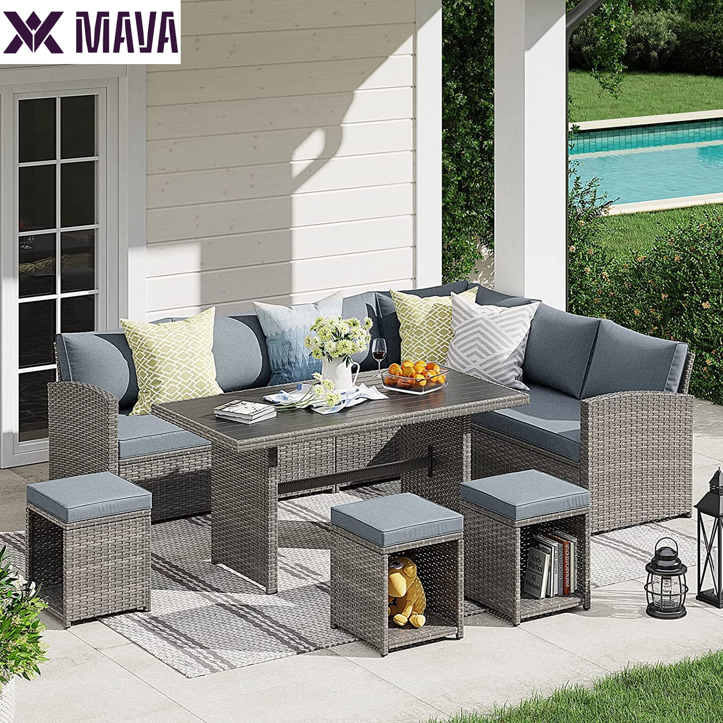 MAVA 7 Pieces PE Rattan Wicker Dining 9 Sofa Set, Outdoor Patio Furniture, Gray