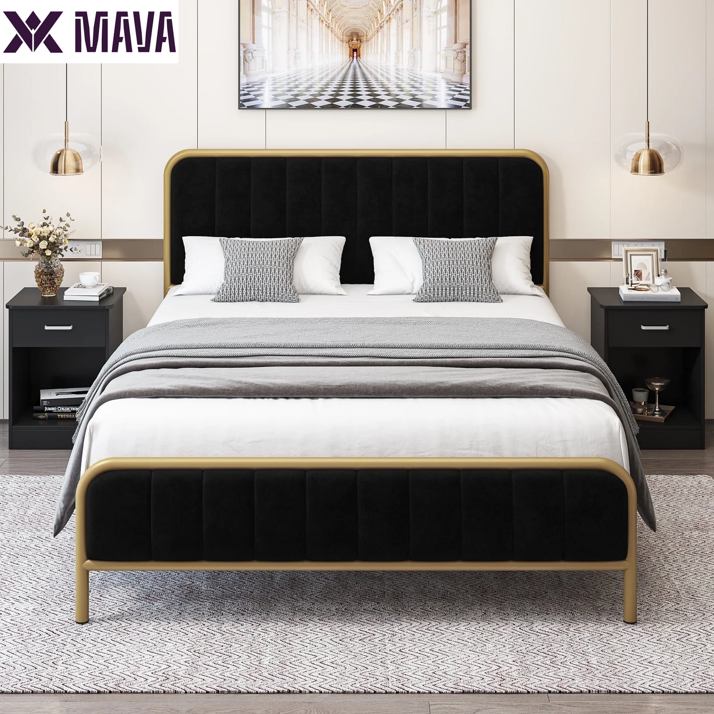 MAVA King Size Bed Frame, round Metal Tube Heavy Duty Bed Frame with Tufted Upholstered Headboard, Gold and Beige