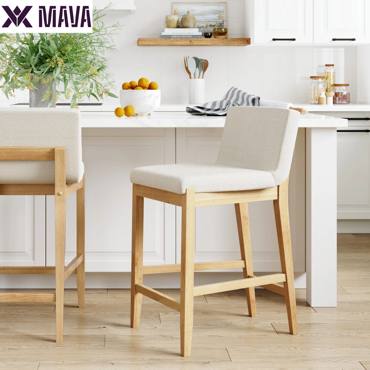 MAVA Modern Counter Height Bar Stool with Back, Counter Stool Upholstered Chair with Natural Flax White Fabric and Brushed Wooden Legs