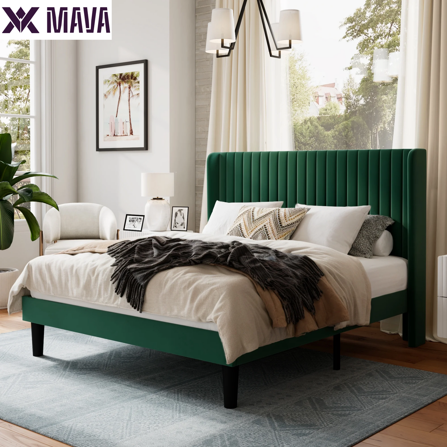 MAVA Queen Size Upholstered Platform Bed Frame with Velvet Channel Wingback Headboard, off White