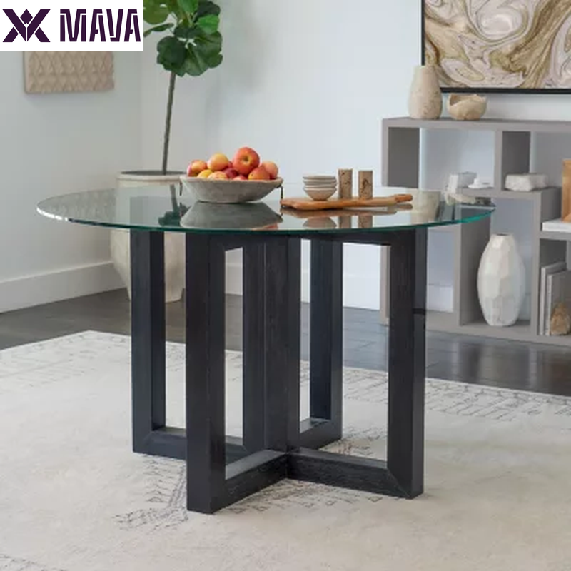 MAVA Glass Top Dining Table with Wood Base