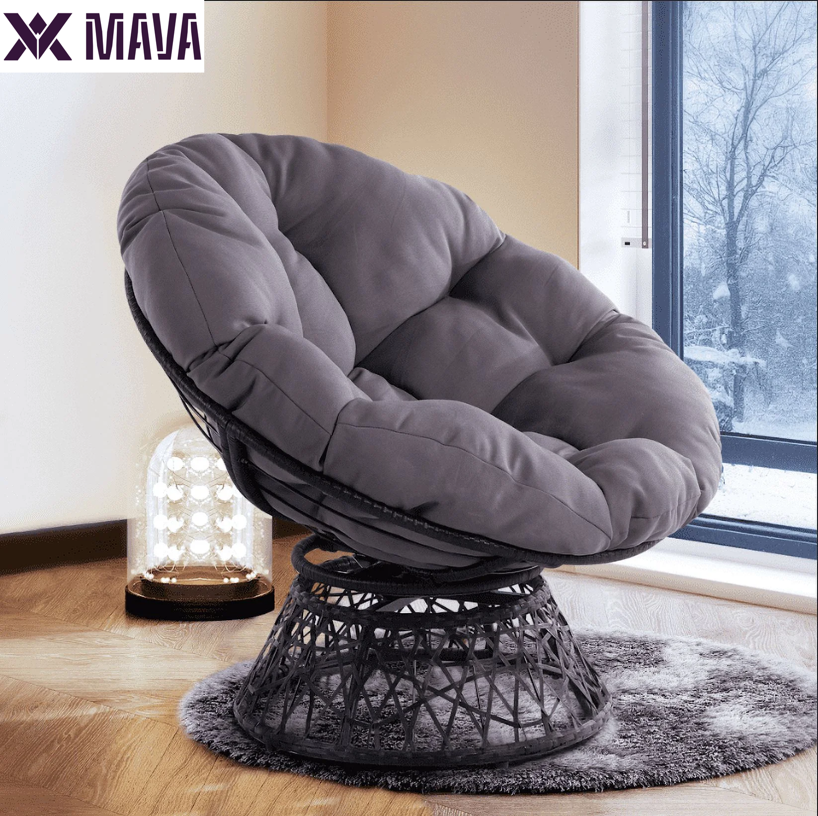 MAVA 360 Swivel Comfy Papasan Chair with Fabric Cushion, Pure Pearl - White Frame