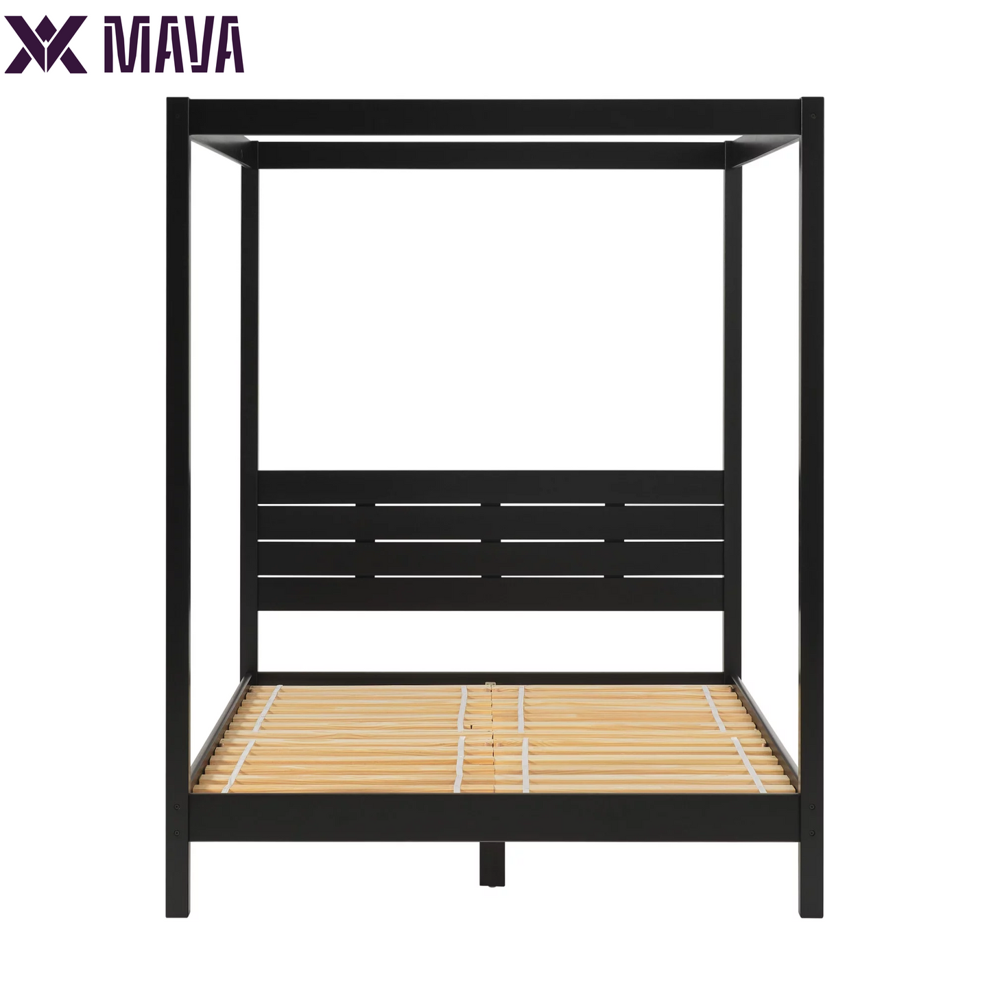 MAVA Minimalist Slatted Wood Queen Canopy Bedframe, Black