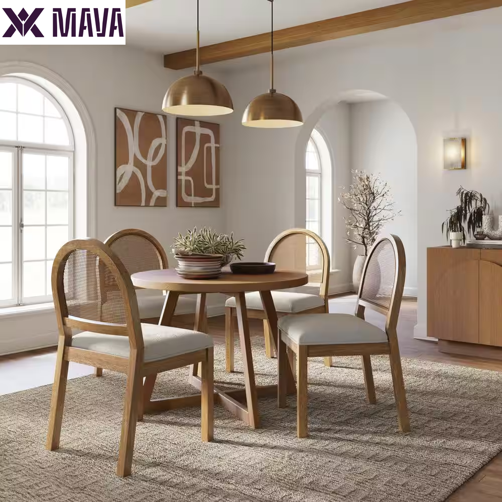 MAVA 19 In. Light Brown Natural Woven Rattan Back and Solid Wood, Legs Dining Chair with Padded Seat