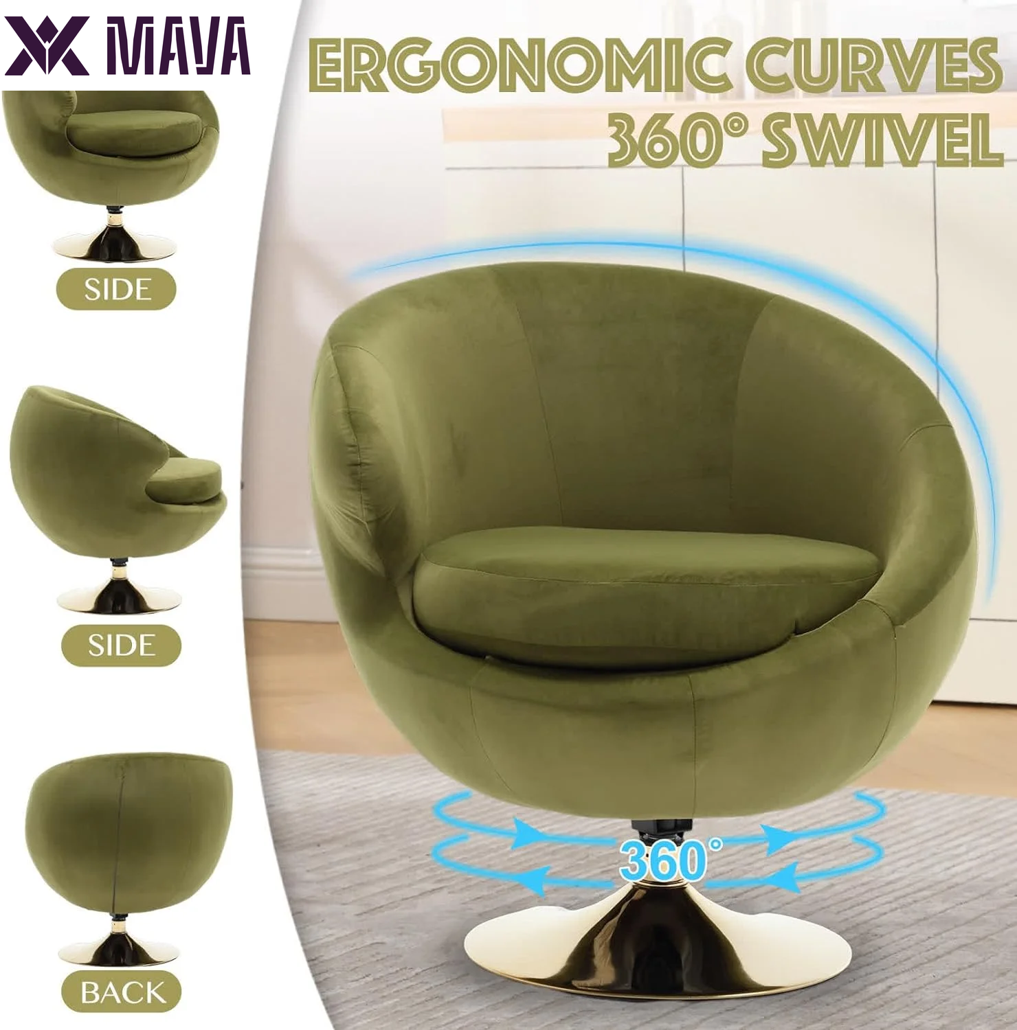 MAVA Modern round Swivel Chair, Green Velvet Accent Chair, 360 Swivel Cuddle Barrel Chair, Gold Base