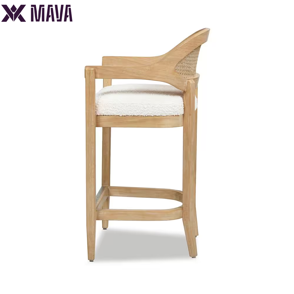 MAVA Americana 26 In. Mid-Century Modern Ivory White Cane Rattan Back Wood Frame Kitchen Counter Height Bar Stool