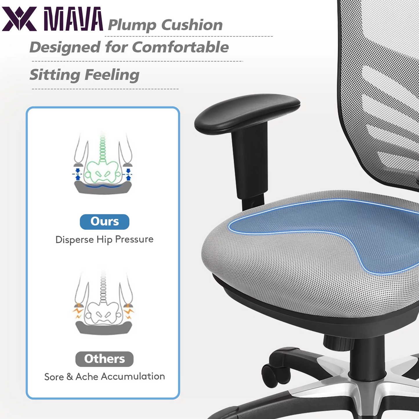 MAVA Mesh Office Chair 3-Paddle Computer Desk Chair W/ Adjustable Seat Grey