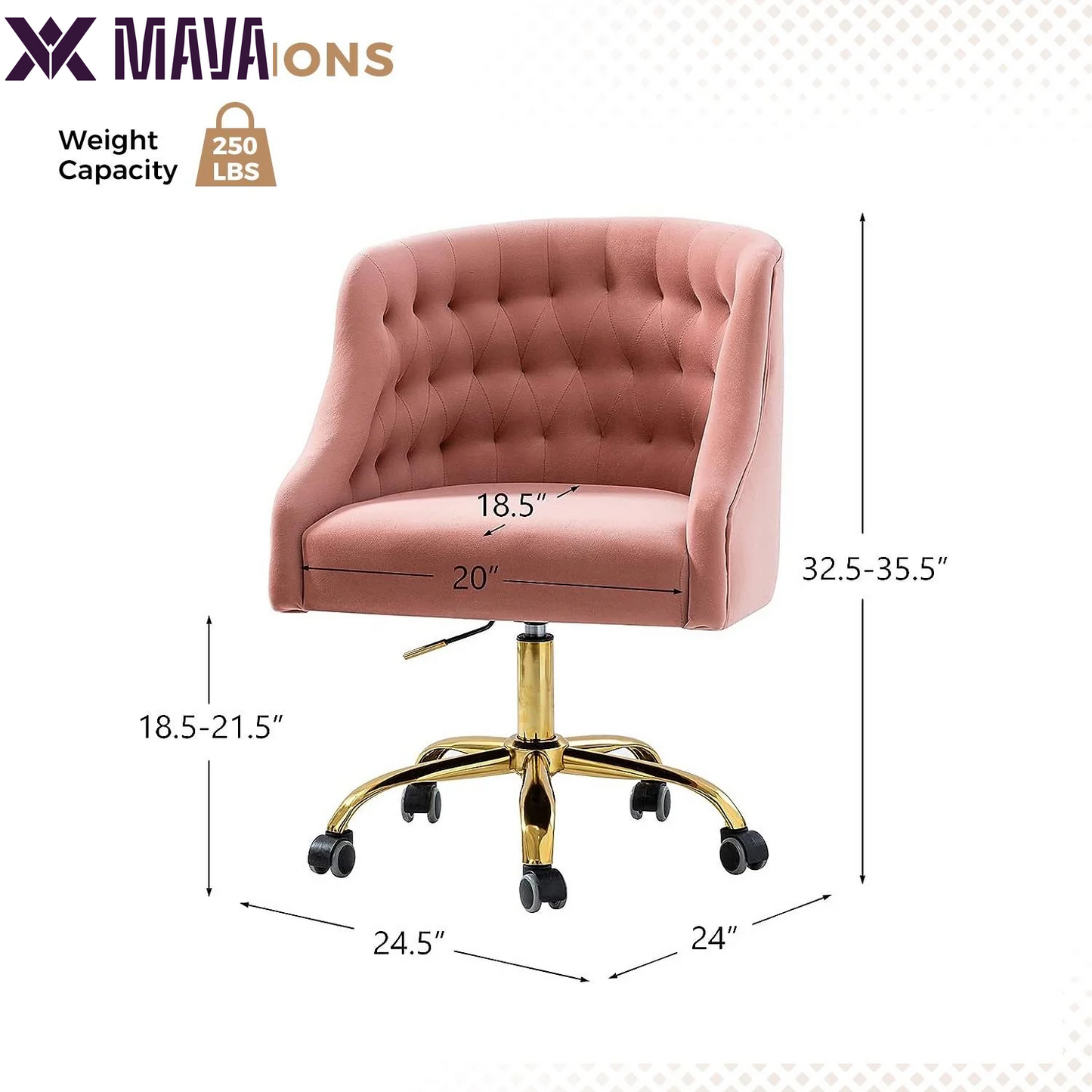 MAVA Modern Home Task Chair Swivel Rolling Computer Velvet Fabric Gold Legs Makeup Vanity Chairs Adult Pink