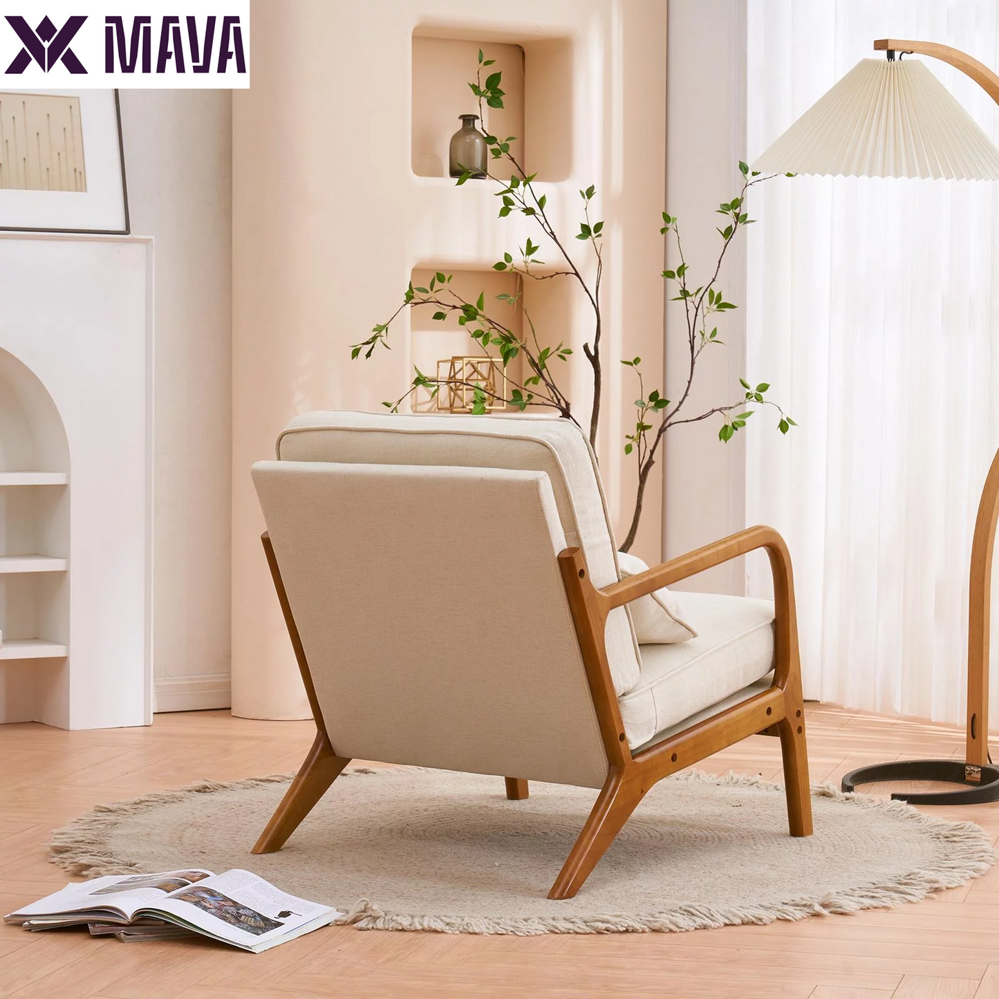 MAVA Modern Arm Chair Linen Fabric Upholstered Comfy Reading Accent Chair with Solid Wood Frame Beige