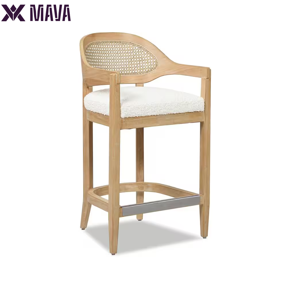 MAVA Americana 26 In. Mid-Century Modern Ivory White Cane Rattan Back Wood Frame Kitchen Counter Height Bar Stool