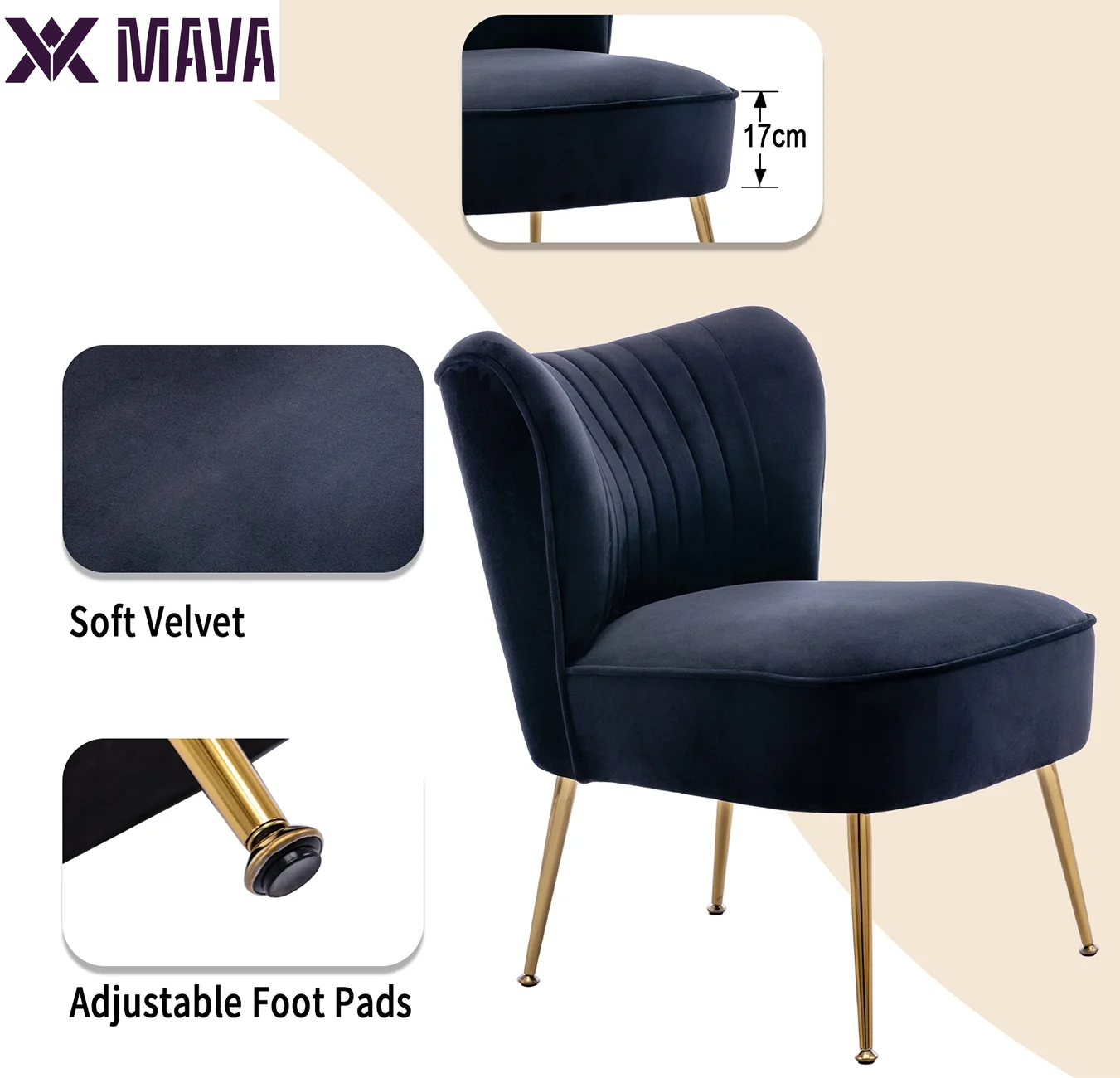 MAVA Modern Accent Chair Set of 2, Armless Slipper Chair Velvet Upholstered Lounge Chair, Wingback Large Single Sofa Side Chair with Gold Legs for Living Room Bedroom, Black