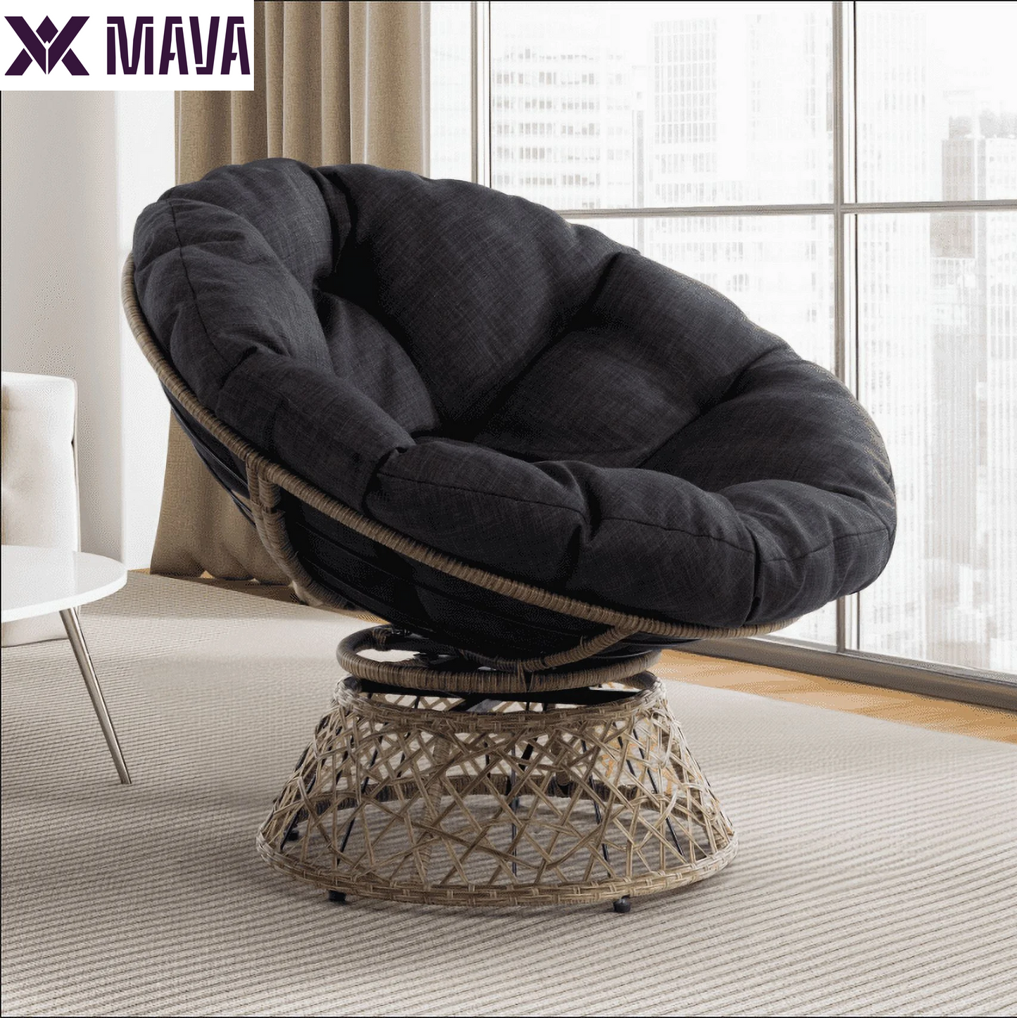 MAVA 360 Swivel Comfy Papasan Chair with Fabric Cushion, Pure Pearl - White Frame