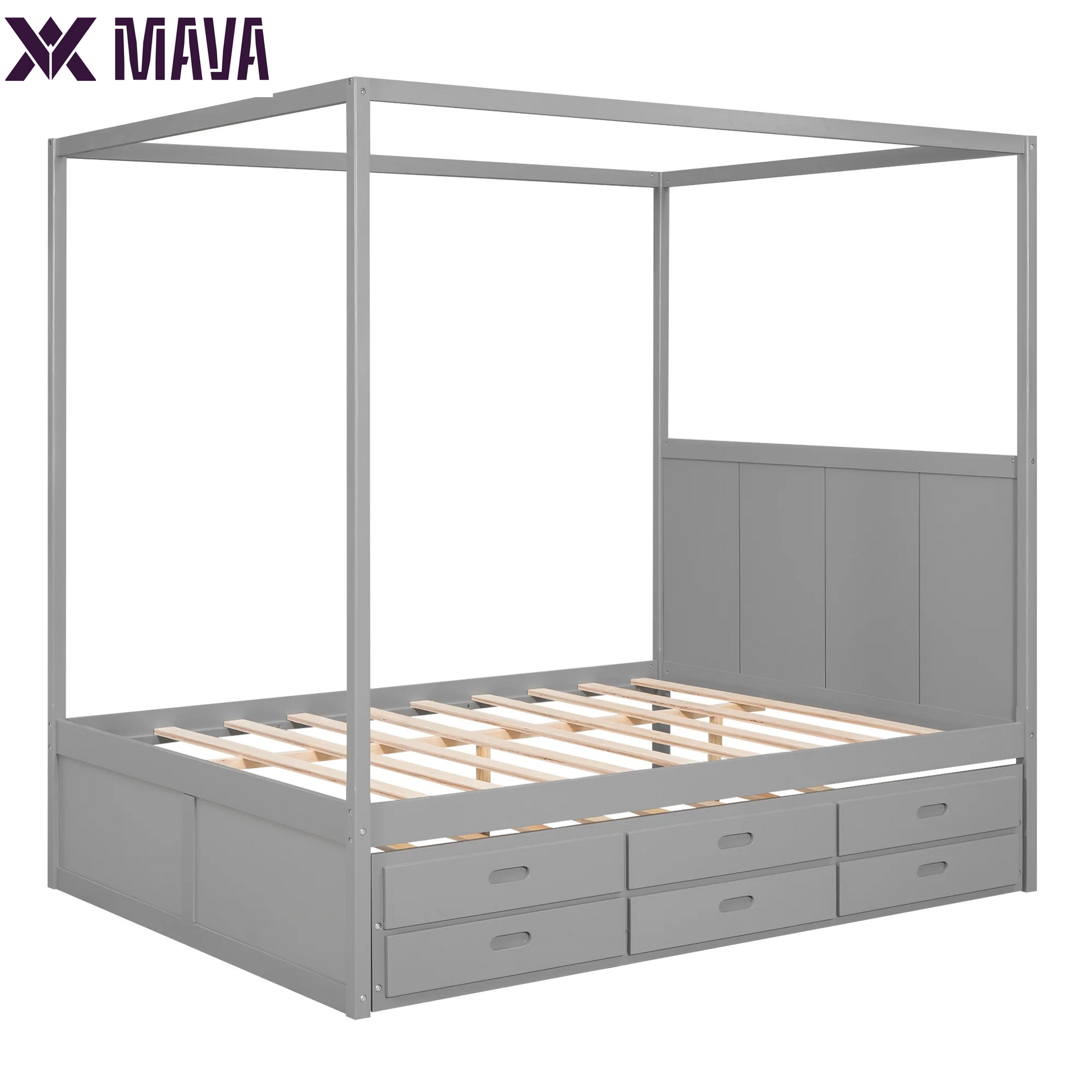 MAVA Queen Size Canopy Platform Bed with Trundle Bed and Drawers, Solid Wood Canopy Bed Frame with 3 Storage Drawers, Gray