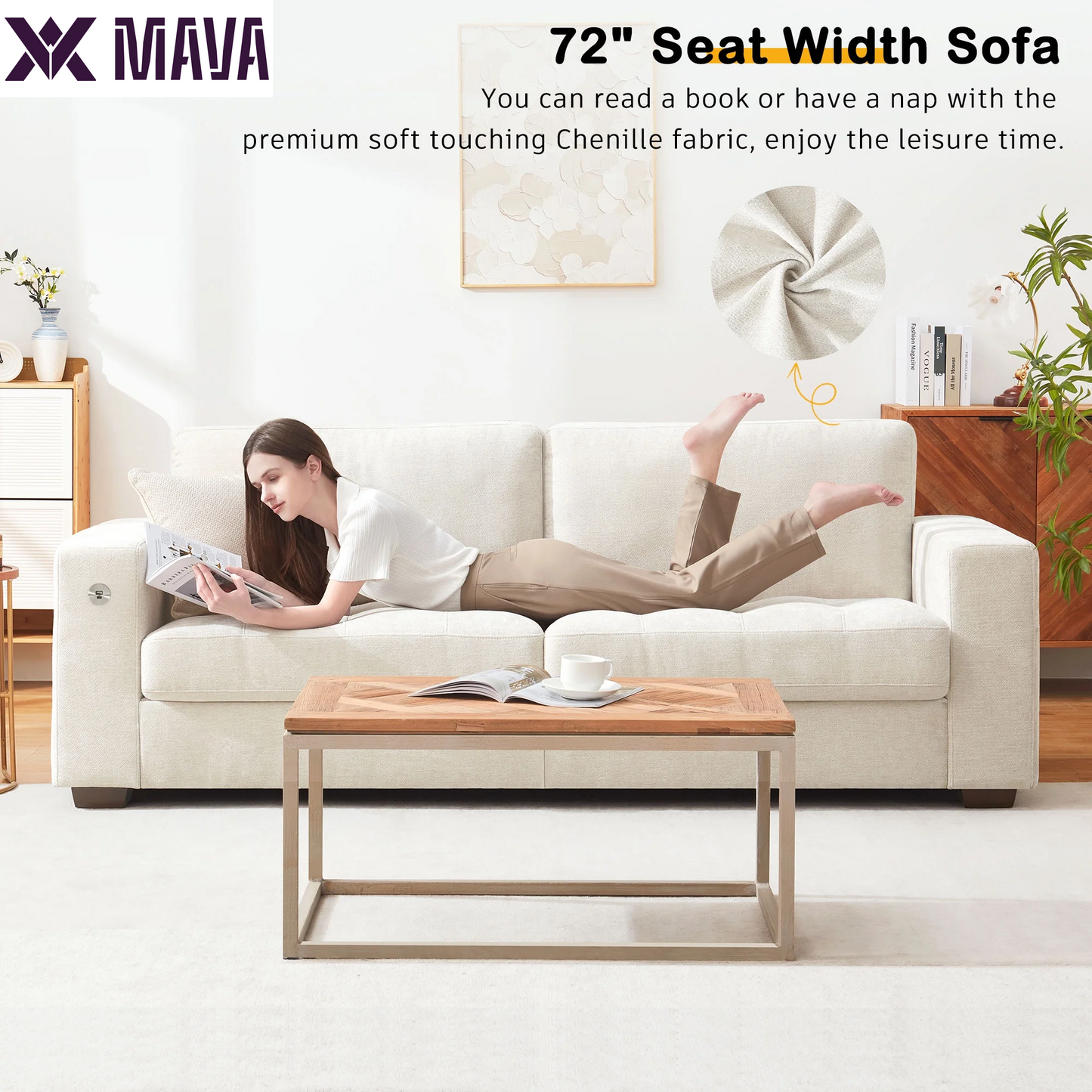 MAVA 89'' Comfy Sofa Couch for Living Room, Modern Deep Seat Couch with Wide Armrest, Removable Cover, Chenille Fabric Couches for Small Space, Apartment, 3 Seater(Beige)