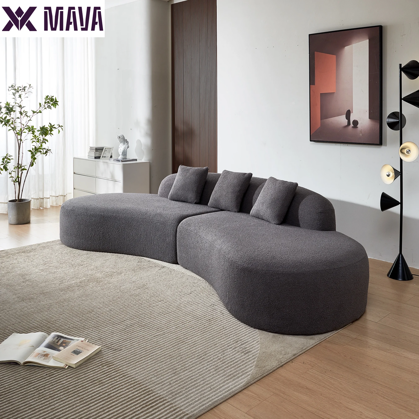 MAVA 119'' Curved Sofa Couch, Modern Half Moon Living Room Sofa, Luxury Sectional Sofa Couch with High-Density Foam Filled, Comfy Sherpa Lamb Fabric Sectional Sofa for Apartment, Office, Beige