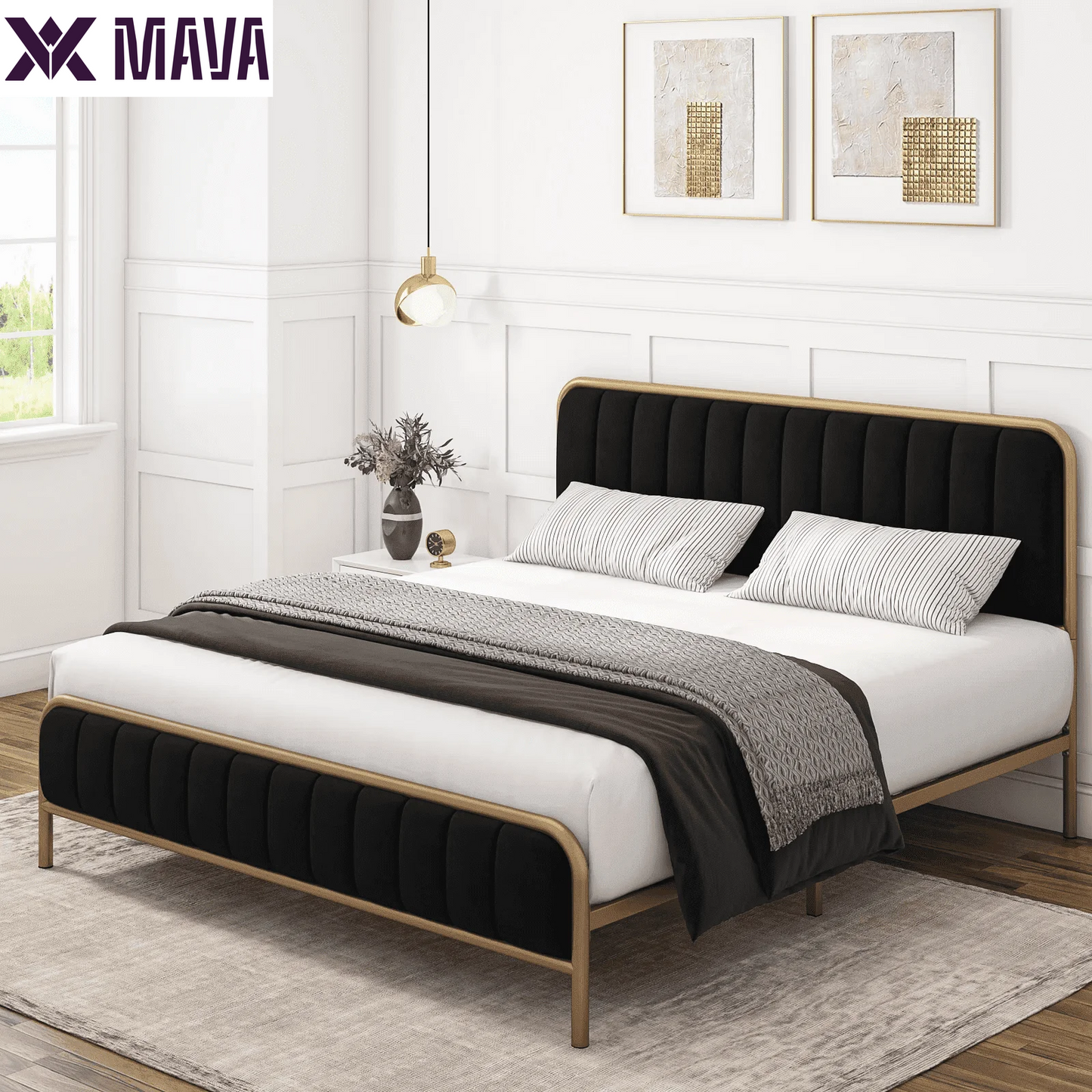 MAVA King Size Bed Frame, round Metal Tube Heavy Duty Bed Frame with Tufted Upholstered Headboard, Gold and Beige