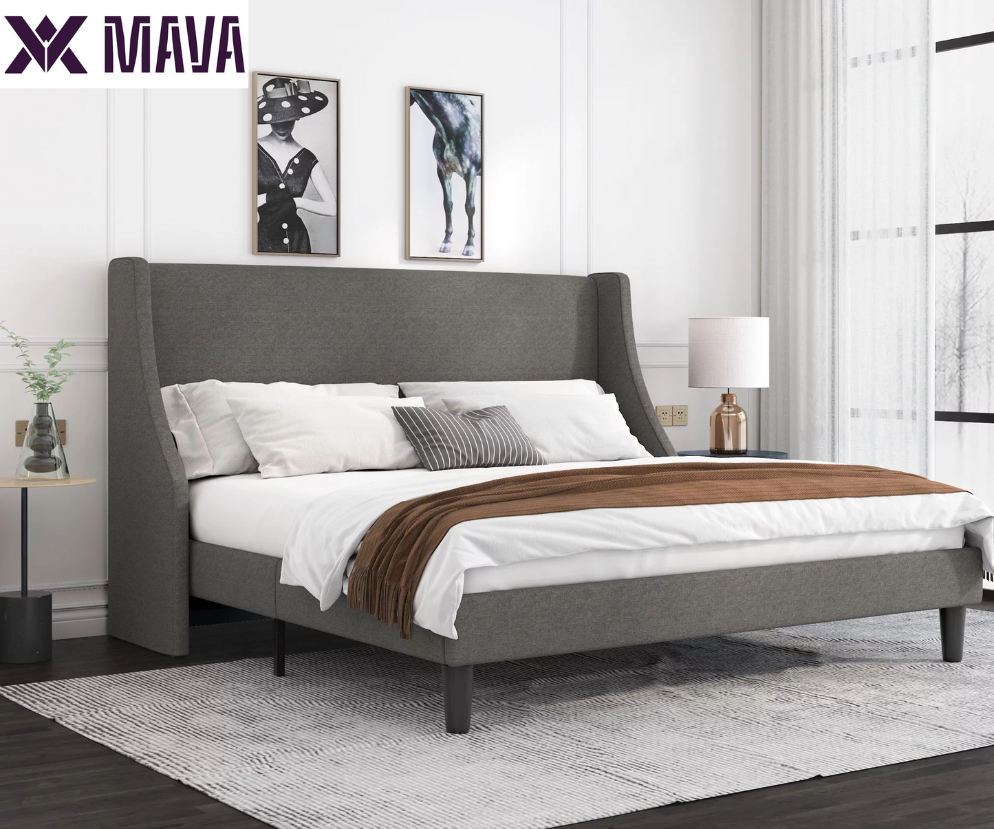 MAVA Queen Size Fabric Upholstered Platform Bed Frame with Wingback Headboard, Light Grey