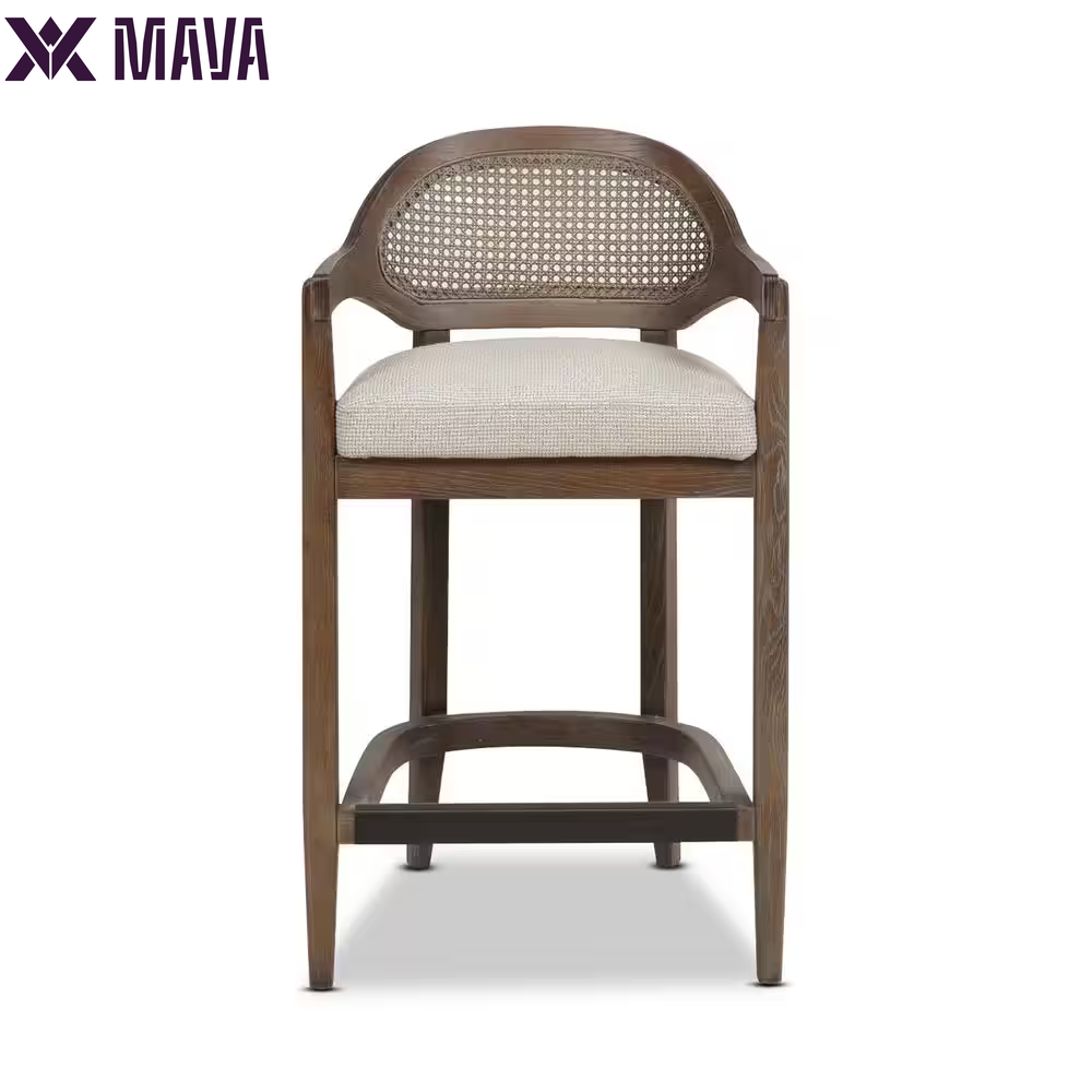 MAVA Americana 26 In. Mid-Century Modern Ivory White Cane Rattan Back Wood Frame Kitchen Counter Height Bar Stool