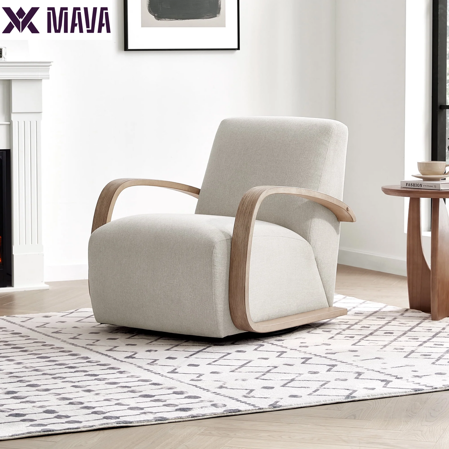 MAVA Swivel Accent Chair with U-Shaped Wood Arm for Living Room Beedroom, Linen & Gray Wood