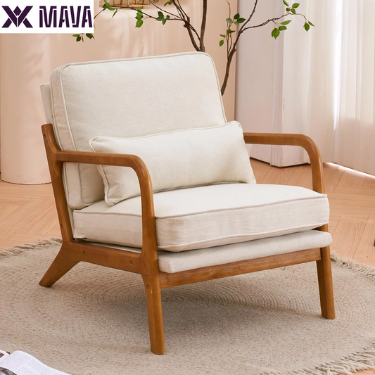 MAVA Modern Arm Chair Linen Fabric Upholstered Comfy Reading Accent Chair with Solid Wood Frame Beige