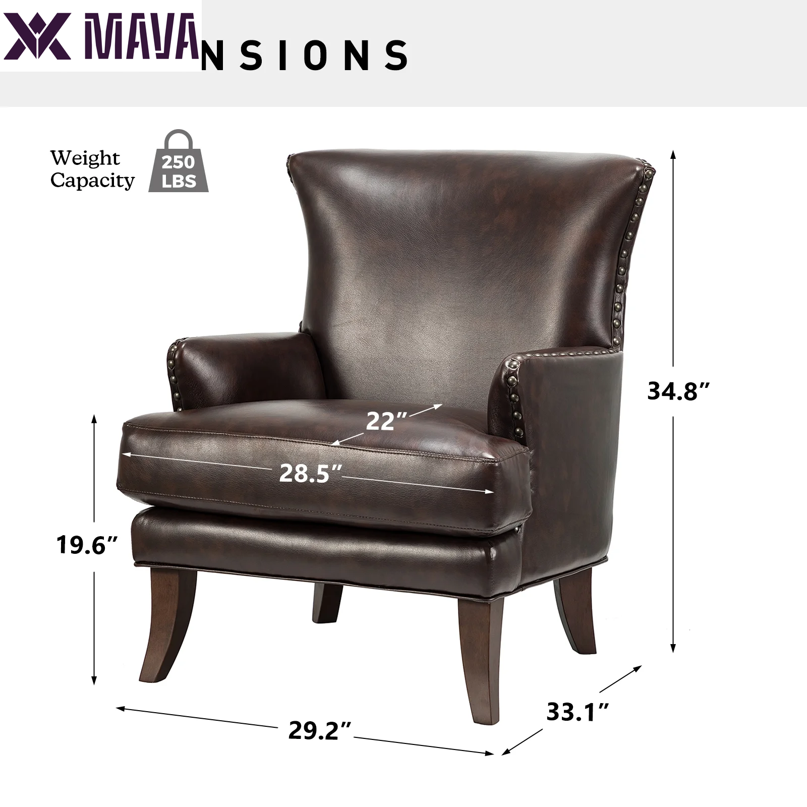 MAVA Vegan Leather Accent Chair Wingback Tight Back Nailhead Trim Wood Legs Lounge Armchair Sofa Home Living Room Adult Brown