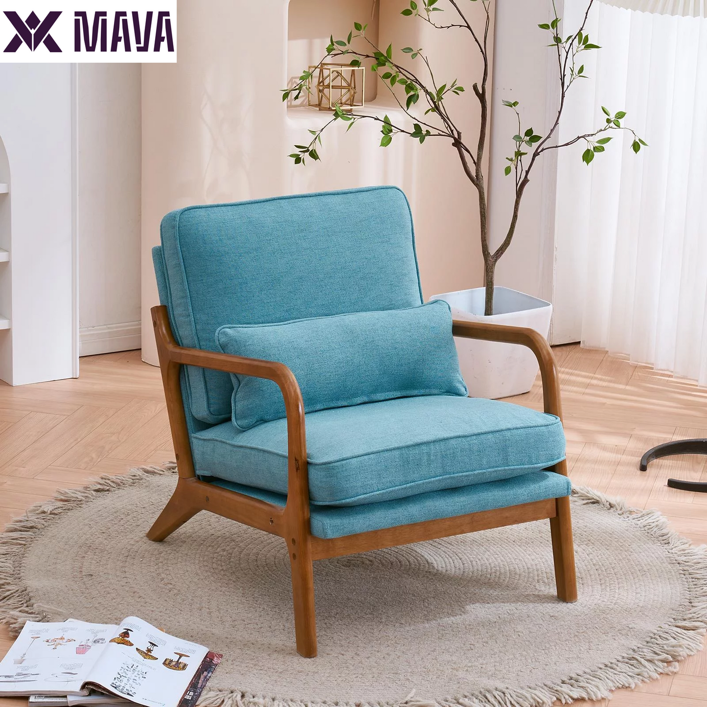 MAVA Modern Arm Chair Linen Fabric Upholstered Comfy Reading Accent Chair with Solid Wood Frame Beige