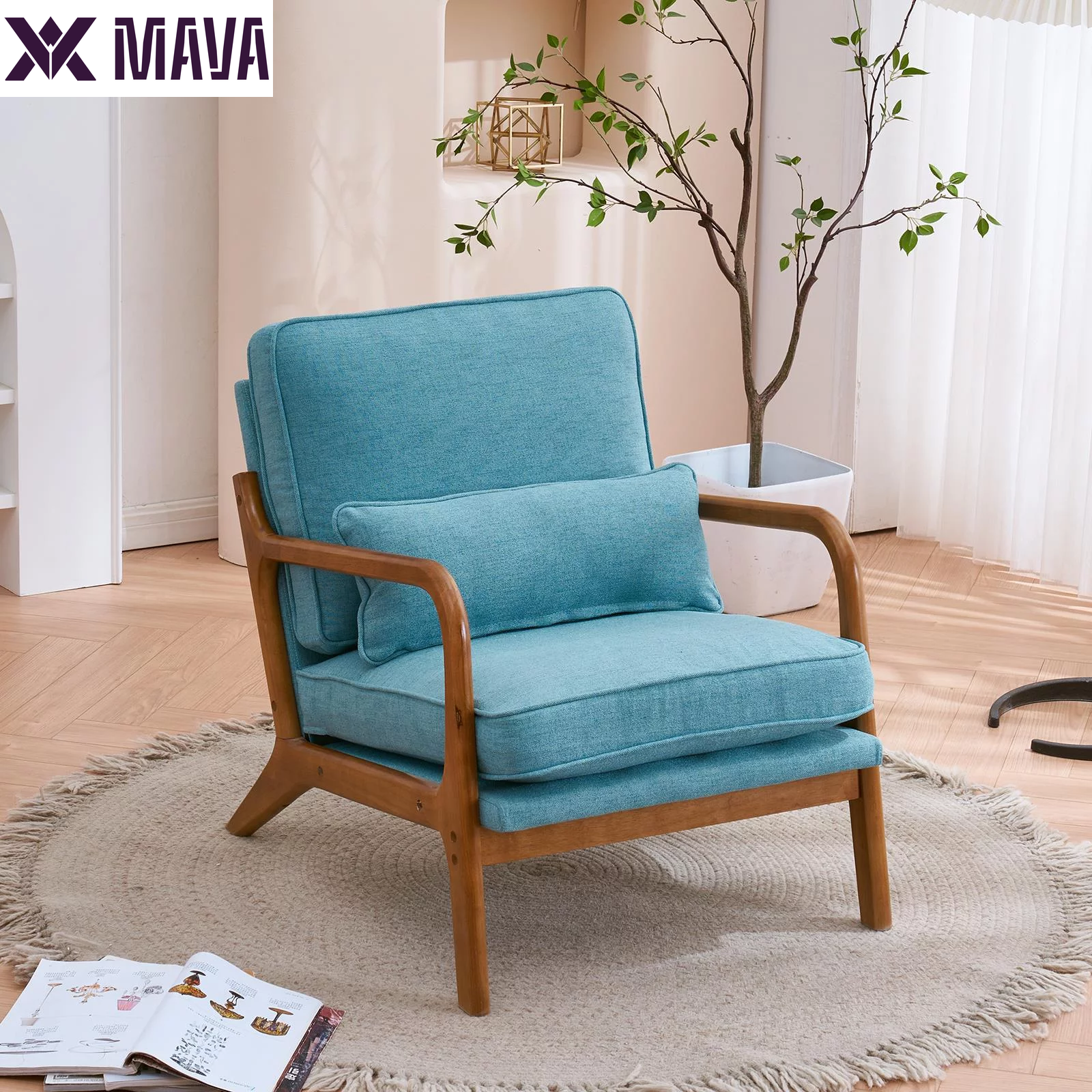 MAVA Modern Arm Chair Linen Fabric Upholstered Comfy Reading Accent Chair with Solid Wood Frame Beige