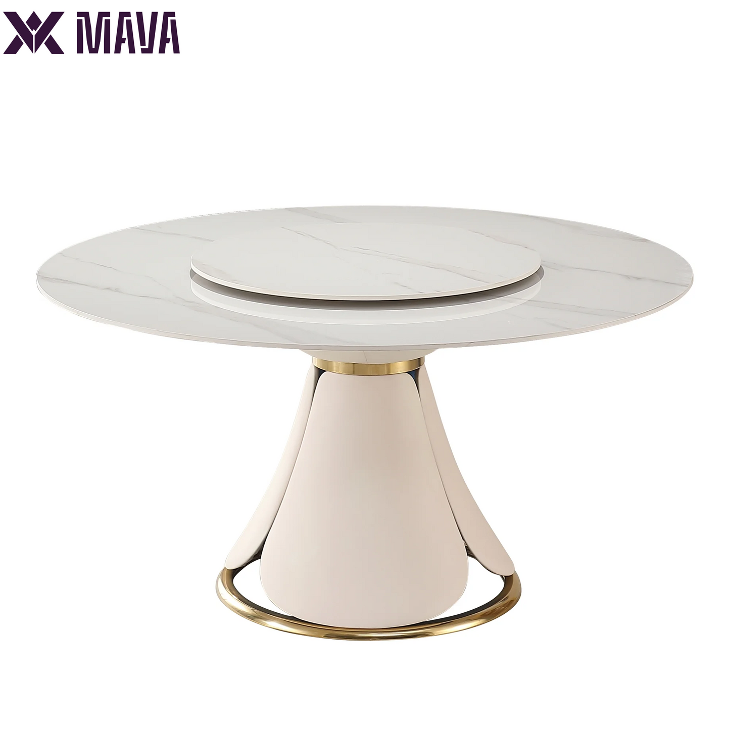 MAVA 59”  Sintered Stone round Kitchen Dining Table Set with 31.5” round Turntable for 6 People with Stainless Steel Base with 6 Chairs