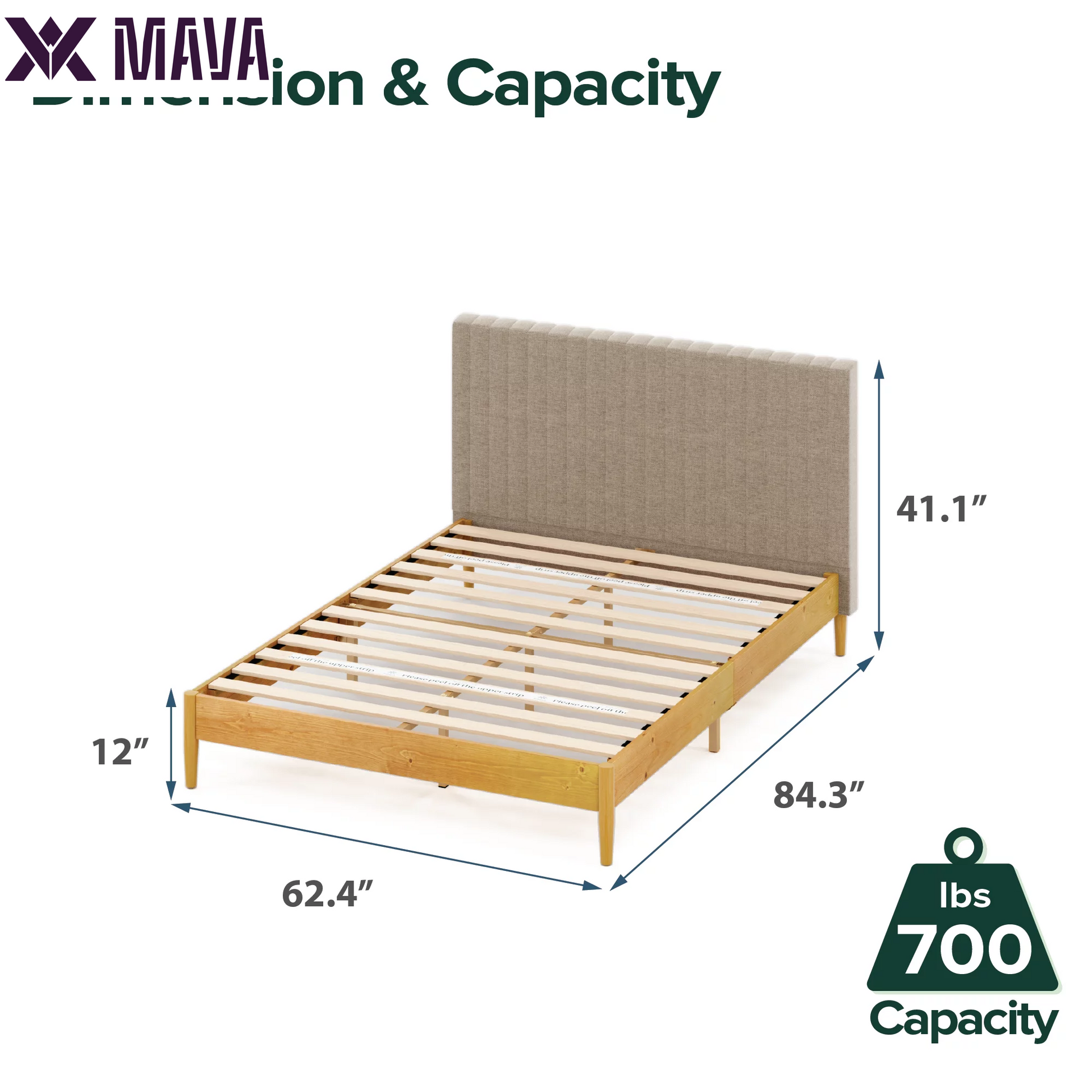 MAVA 41" Wood Platform Bed Frame with Upholstered Headboard, Queen