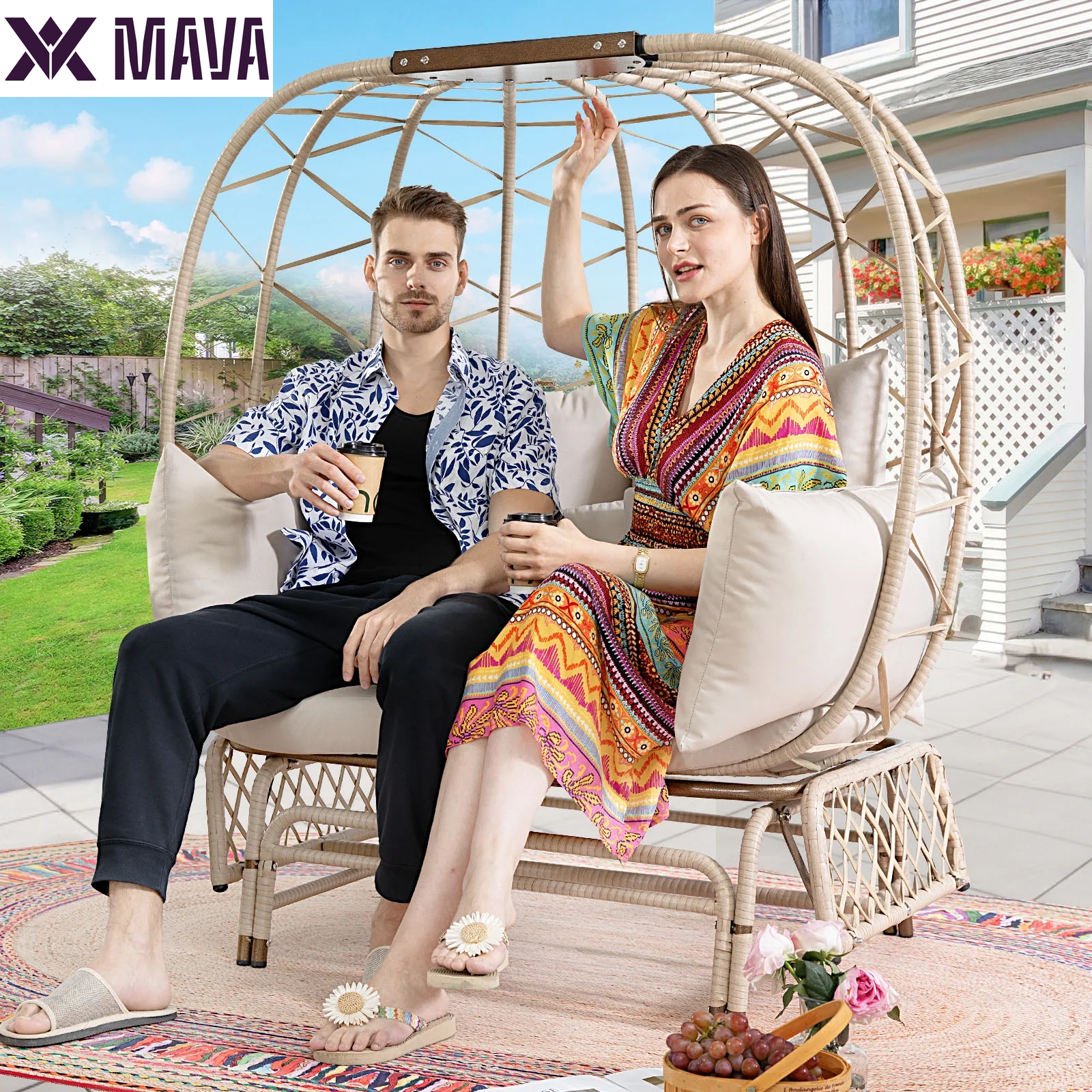 MAVA Outdoor Patio Lounge Chair Boho Stationary Wicker Yellow Egg Chair for Indoor Living Room 440Lb