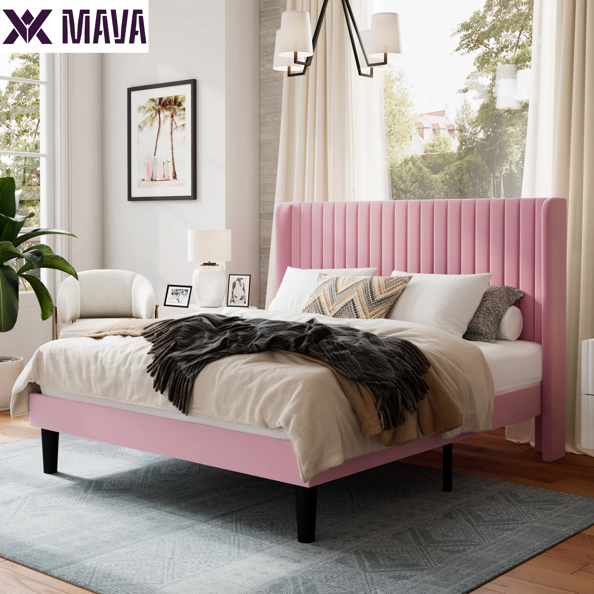 MAVA Queen Size Upholstered Platform Bed Frame with Velvet Channel Wingback Headboard, off White