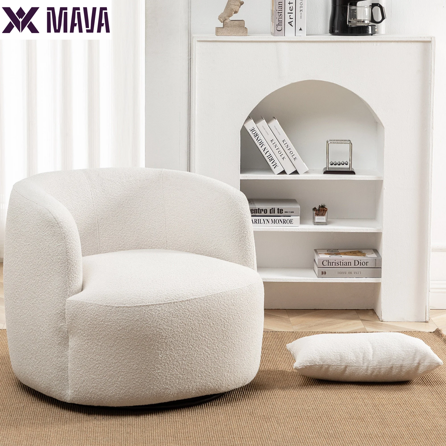 MAVA Beige Modern Boucle Upholstered 360° Swivel Accent Armchair