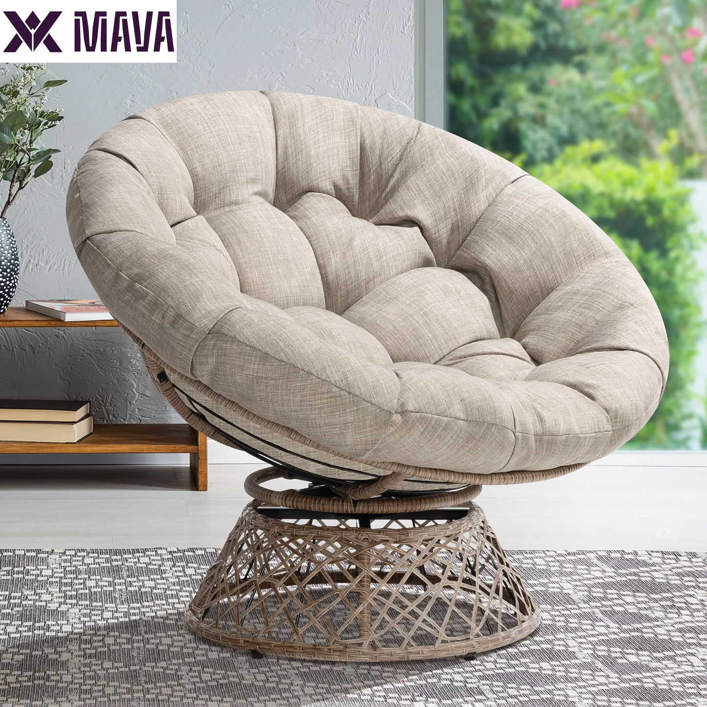 MAVA 360 Swivel Comfy Papasan Chair with Fabric Cushion, Pure Pearl - White Frame