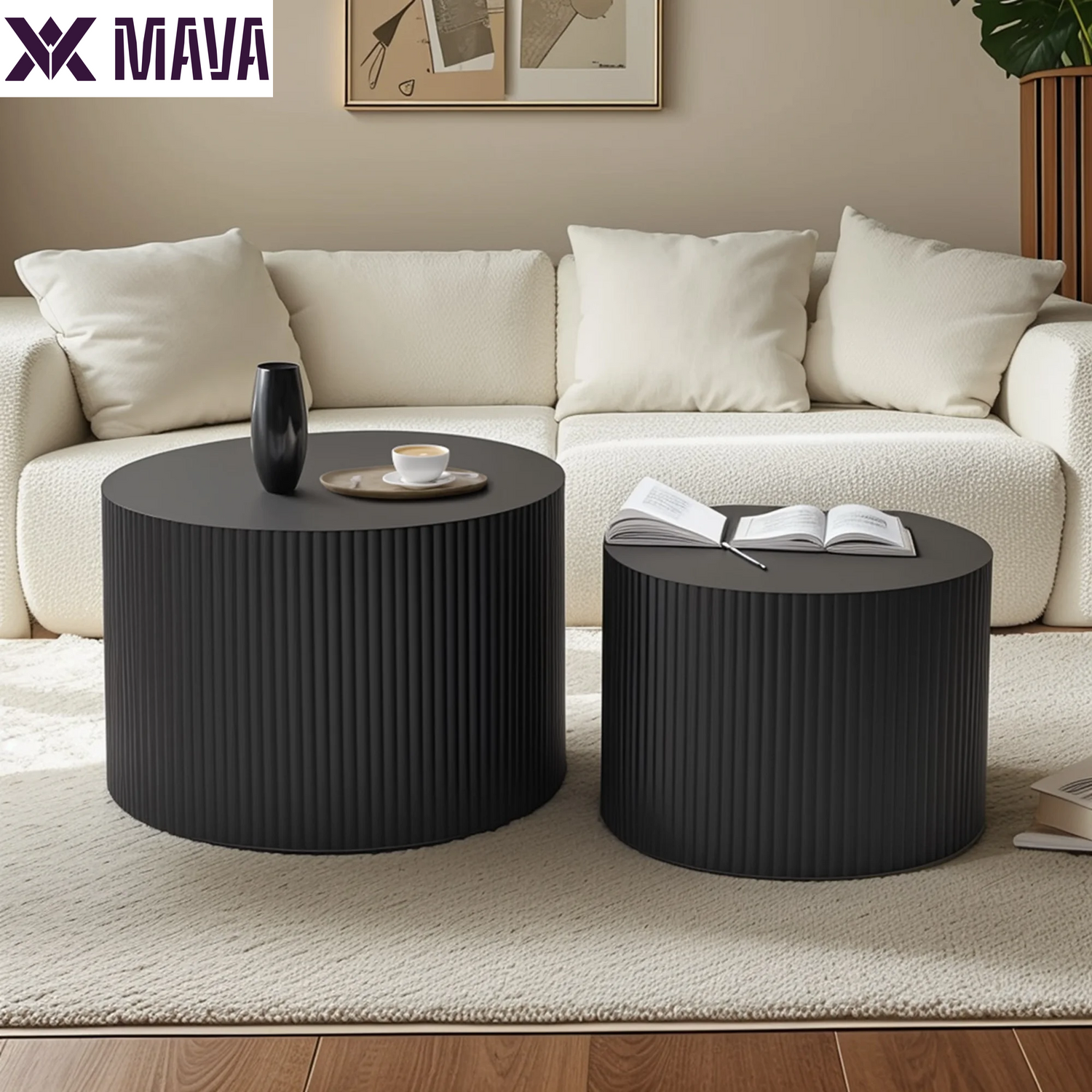 MAVA Coffee Table Set of 2, Modern Drum Side Table End Table, Wave Stripe round Coffee Table for Living Room, Bedroom, Black