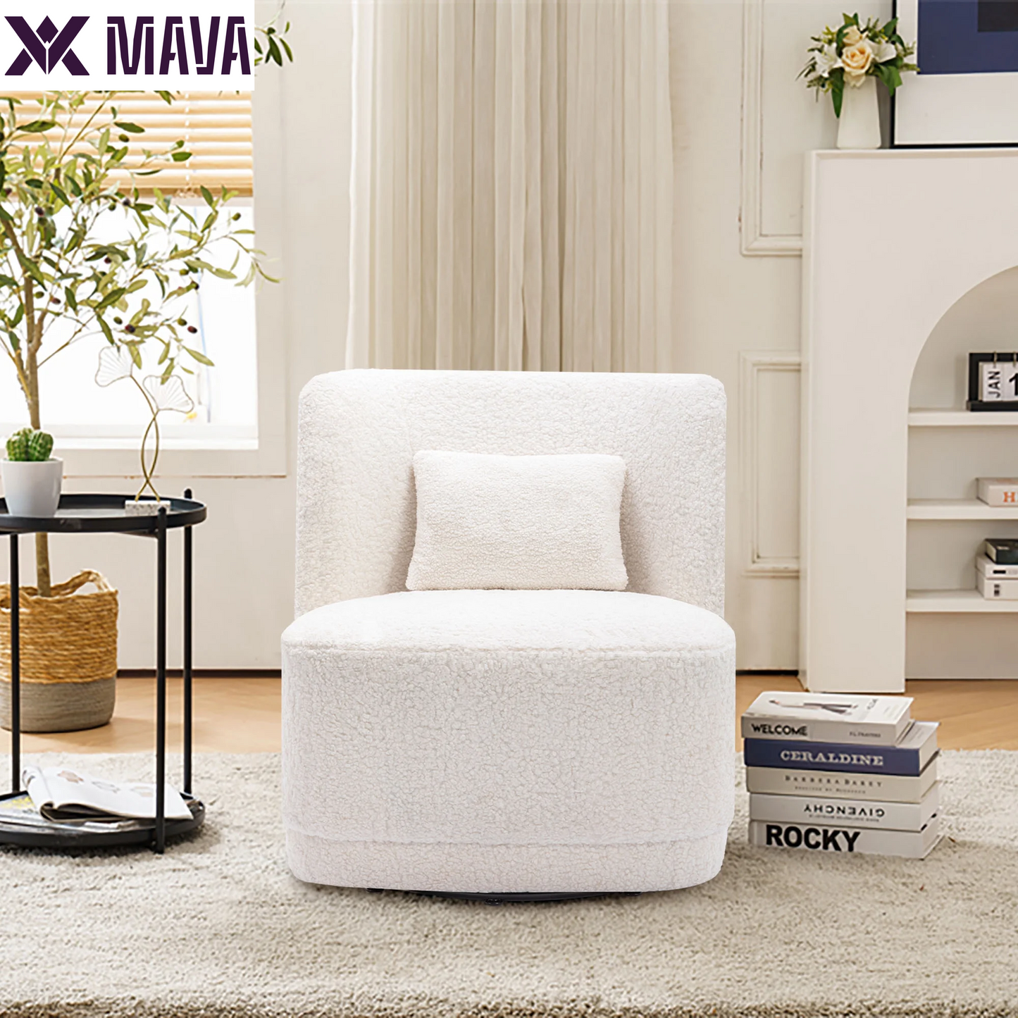 MAVA Swivel Accent Chair, Modern Teddy Fabric Upholstered 360°Swivel Barrel Chair Leisure Chair, Comfy Single Sofa Chair with Pillow, Reading Chair for Living Room Bedroom Office Lounge, White