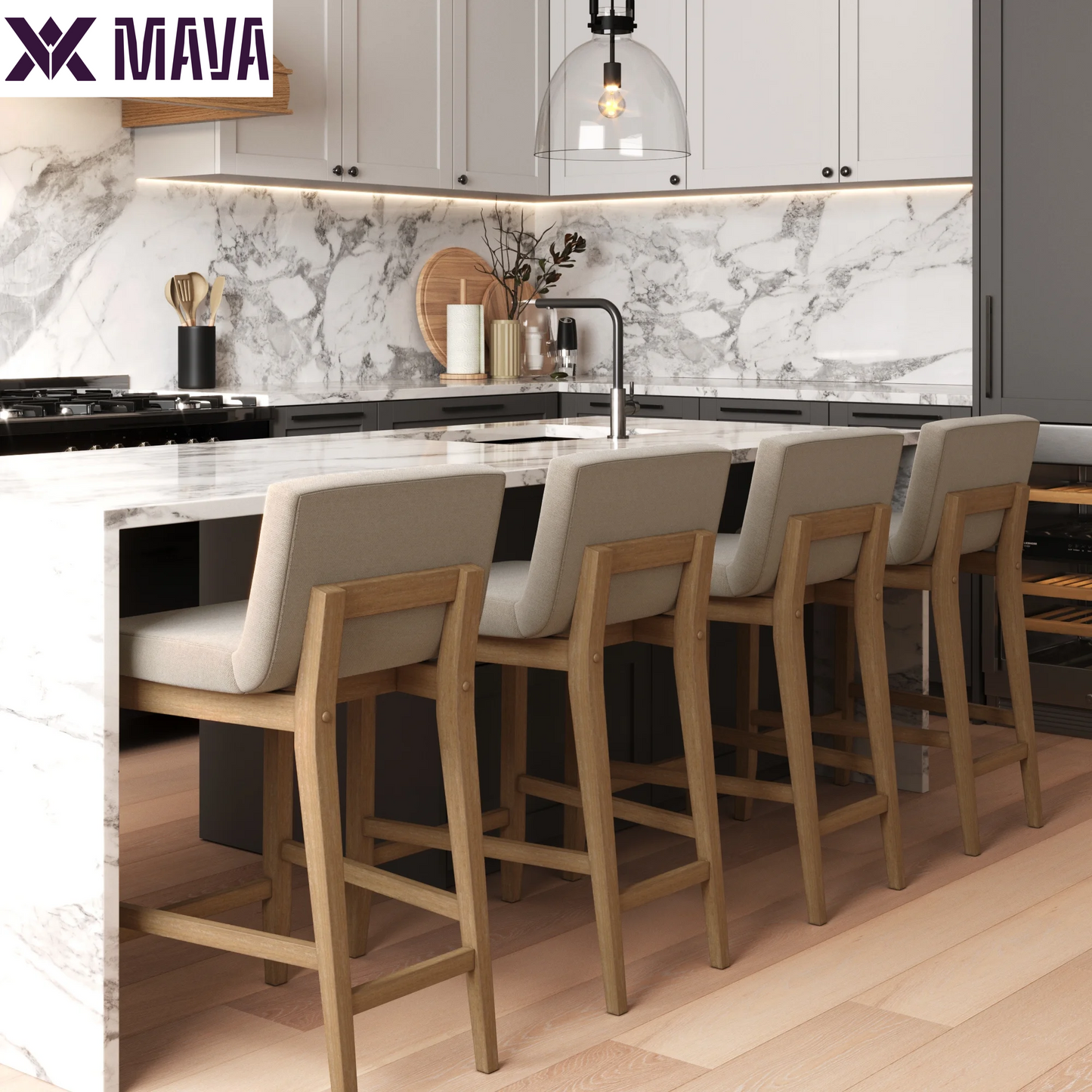 MAVA Modern Counter Height Bar Stool with Back, Counter Stool Upholstered Chair with Natural Flax White Fabric and Brushed Wooden Legs