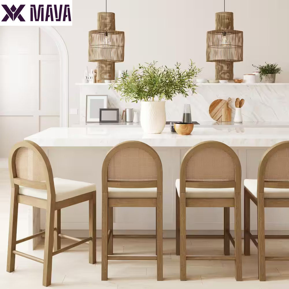 MAVA 19 In. Light Brown Natural Woven Rattan Back and Solid Wood, Legs Dining Chair with Padded Seat