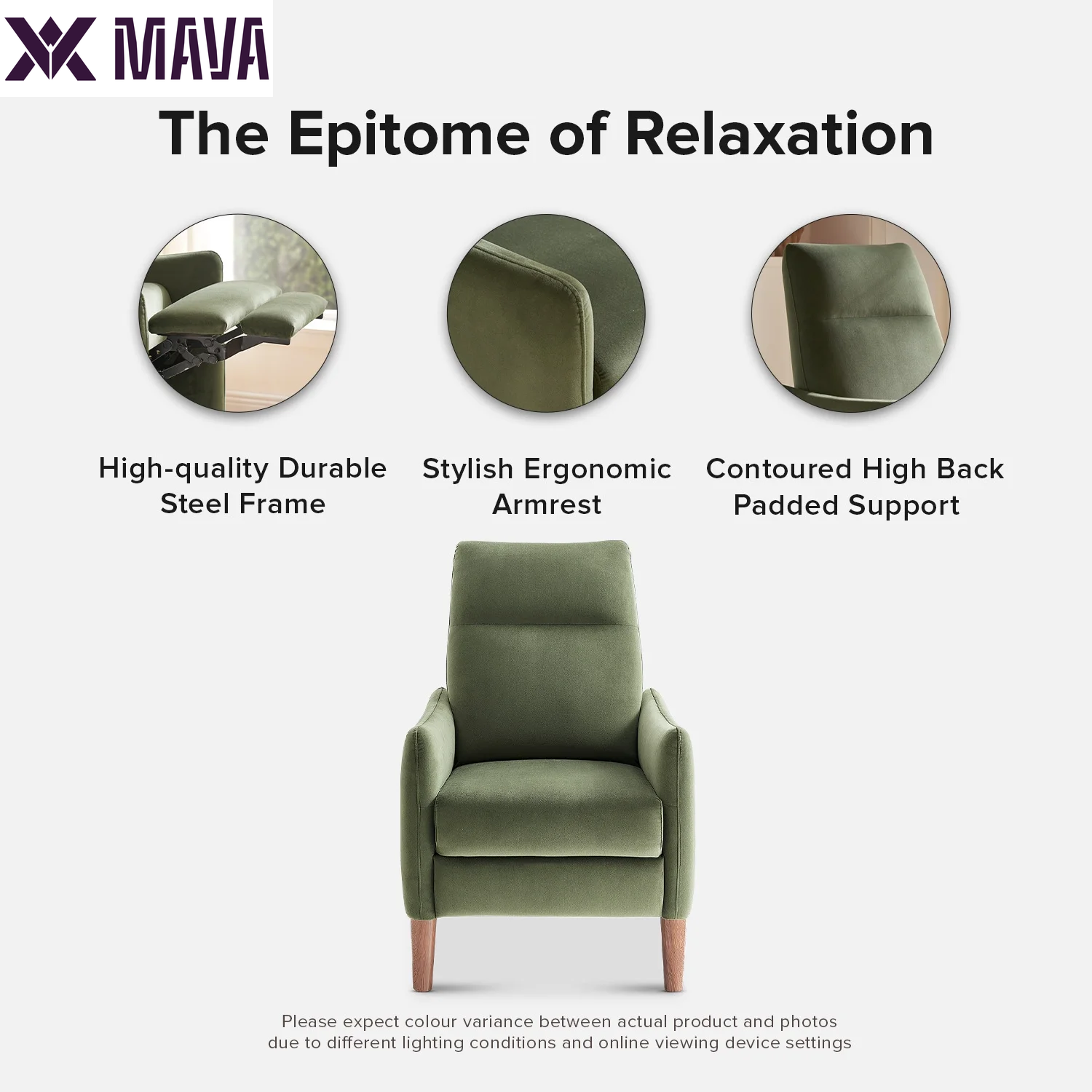 MAVA Recliner Chair with 3 Positions, Premium Velvet Accent Chair, Mid Century Modern Reading Chair, High Back Padded Support Comfy Sleeper Armchair, Nursery Chair for Living Room, Bedroom