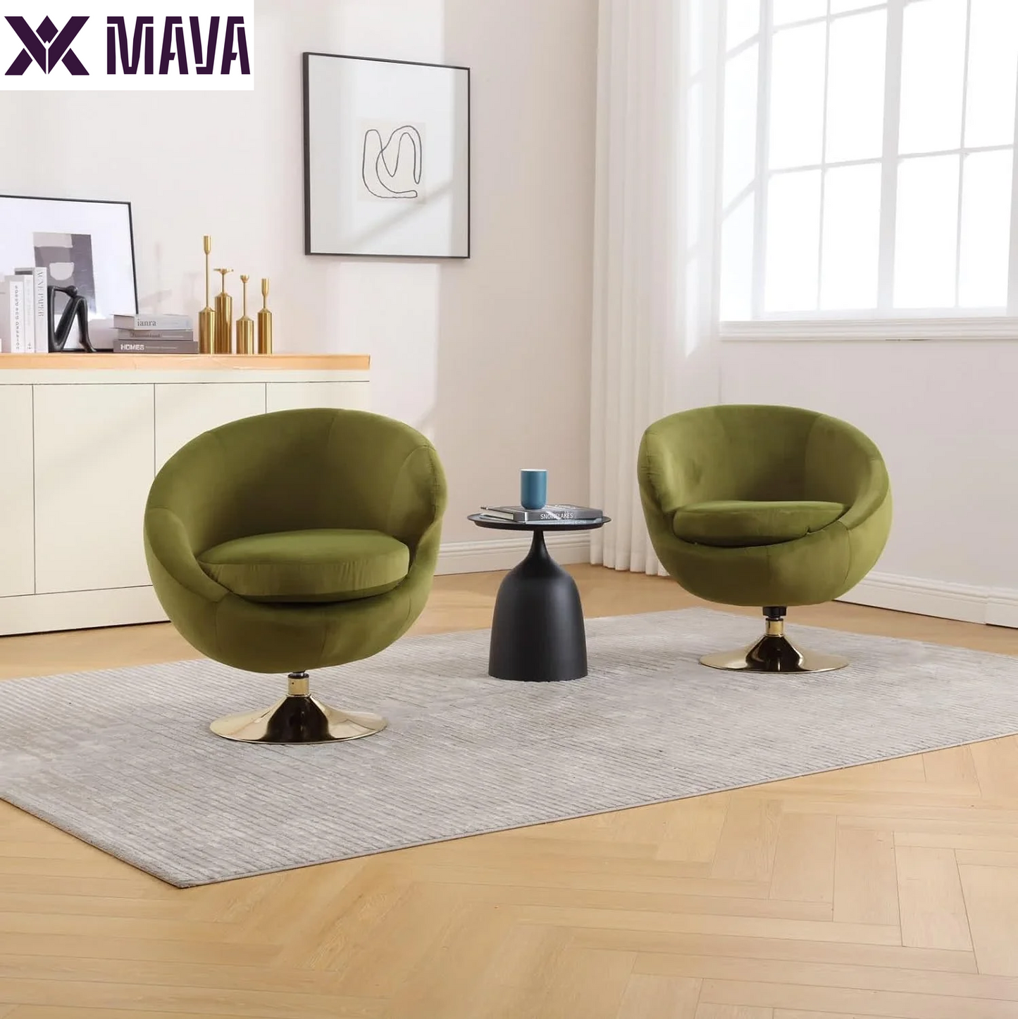 MAVA Modern round Swivel Chair, Green Velvet Accent Chair, 360 Swivel Cuddle Barrel Chair, Gold Base