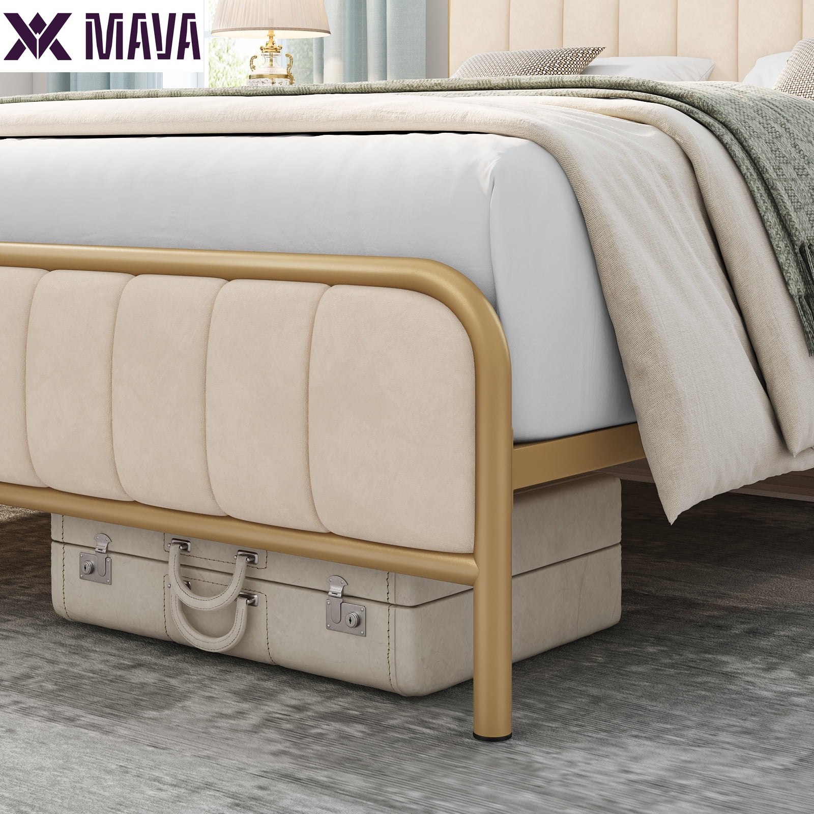 MAVA King Size Bed Frame, round Metal Tube Heavy Duty Bed Frame with Tufted Upholstered Headboard, Gold and Beige