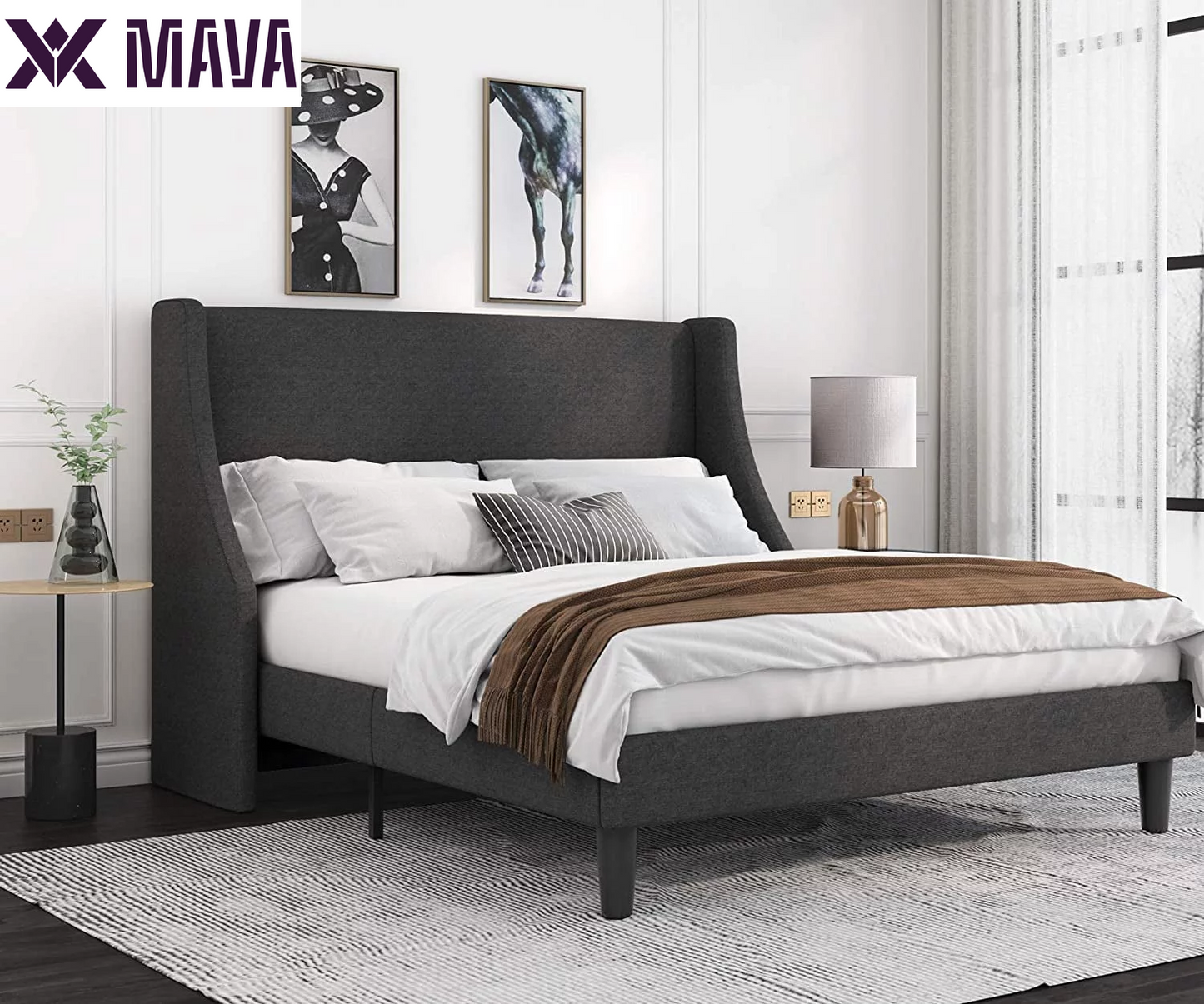 MAVA Queen Size Fabric Upholstered Platform Bed Frame with Wingback Headboard, Light Grey